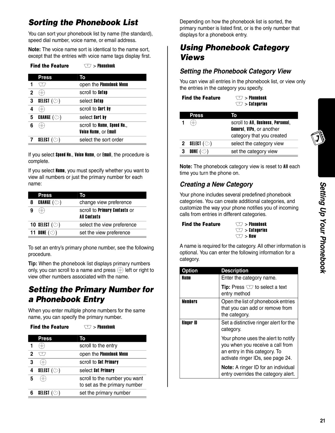 Motorola V400 GSM Sorting the Phonebook List, Setting the Primary Number for a Phonebook Entry, Creating a New Category 