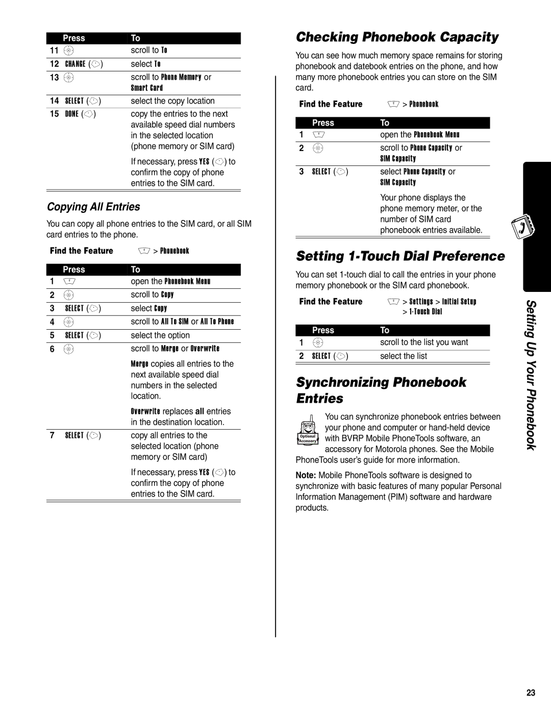 Motorola V400 GSM manual Checking Phonebook Capacity, Setting 1-Touch Dial Preference, Synchronizing Phonebook Entries 