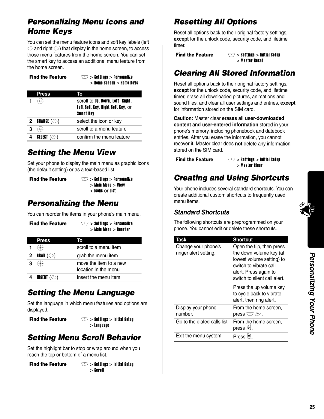 Motorola V400 GSM manual Personalizing Menu Icons and Home Keys, Setting the Menu View, Personalizing the Menu 