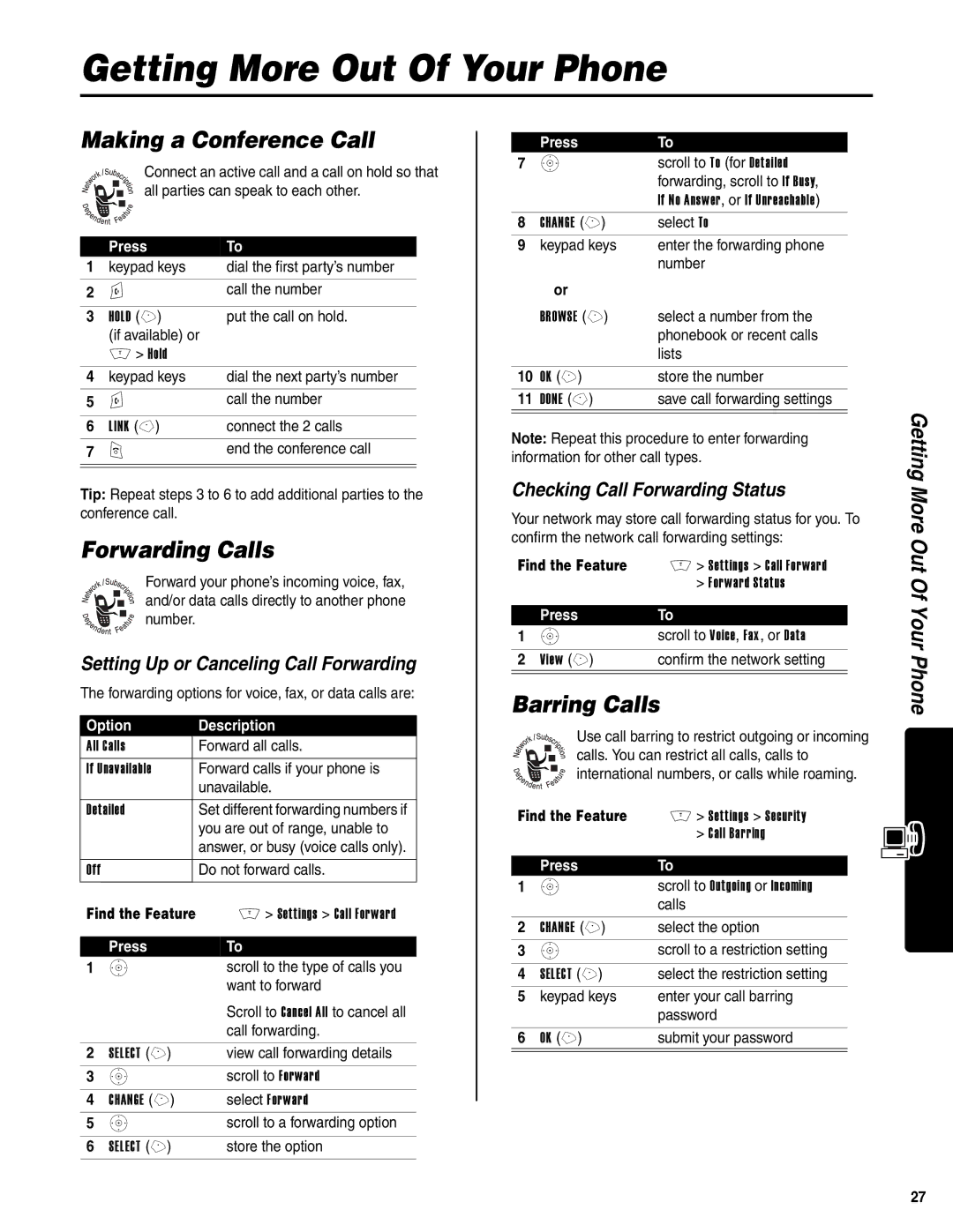 Motorola V400 GSM manual Getting More Out Of Your Phone, Making a Conference Call, Forwarding Calls, Barring Calls 