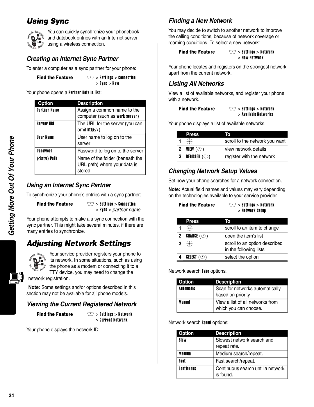 Motorola V400 GSM manual Using Sync, Adjusting Network Settings 