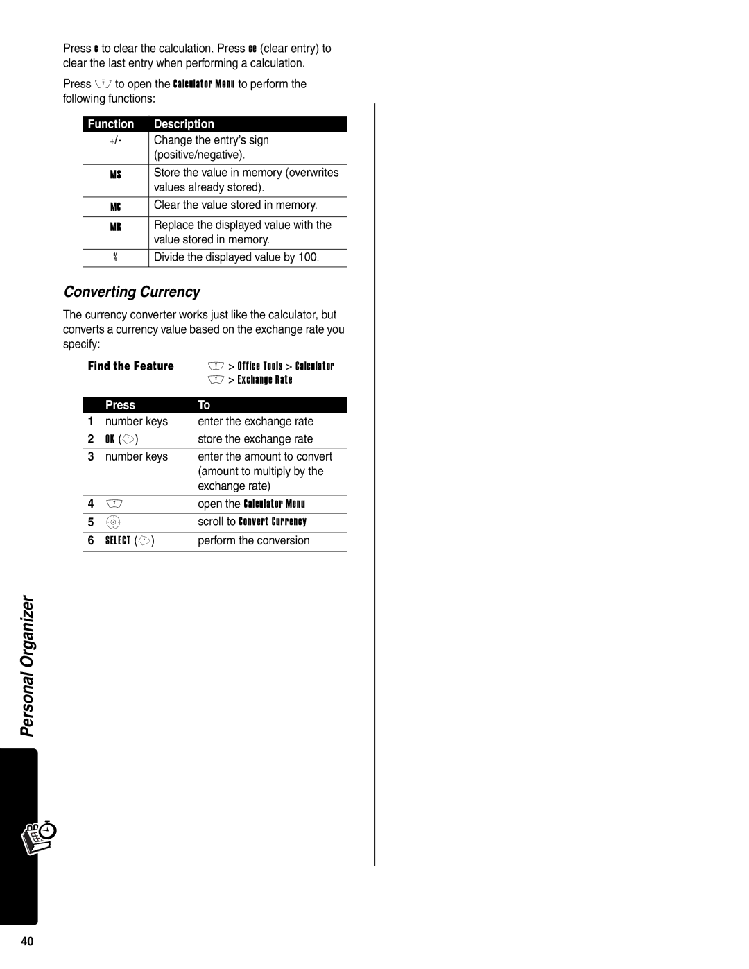 Motorola V400 GSM manual Converting Currency, Function Description 