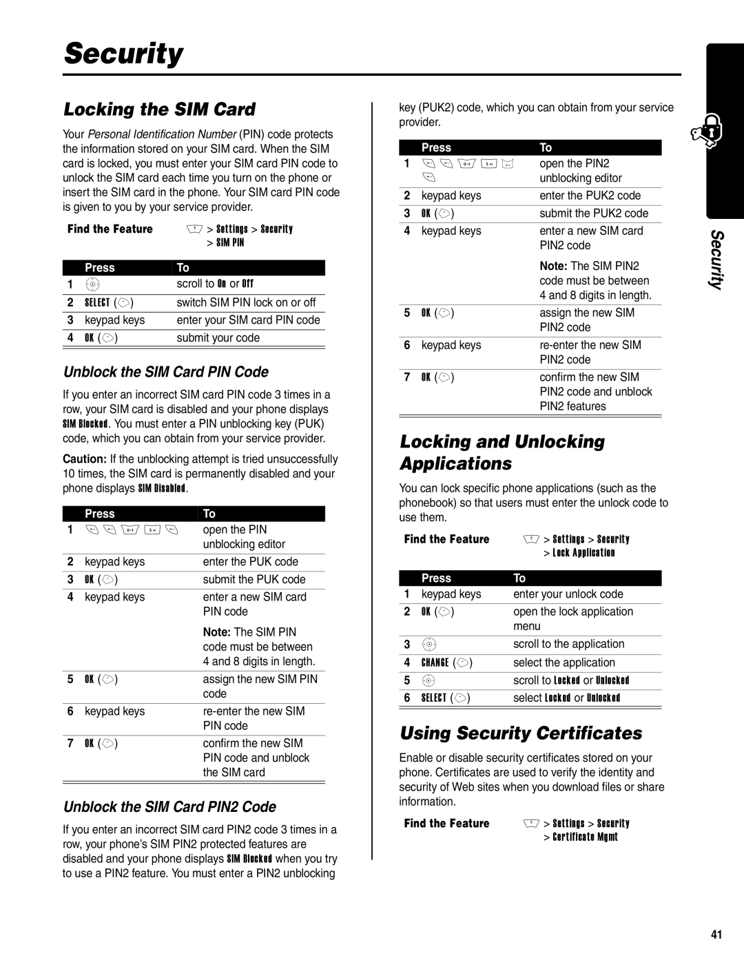 Motorola V400 GSM manual Locking the SIM Card, Locking and Unlocking Applications, Using Security Certificates 