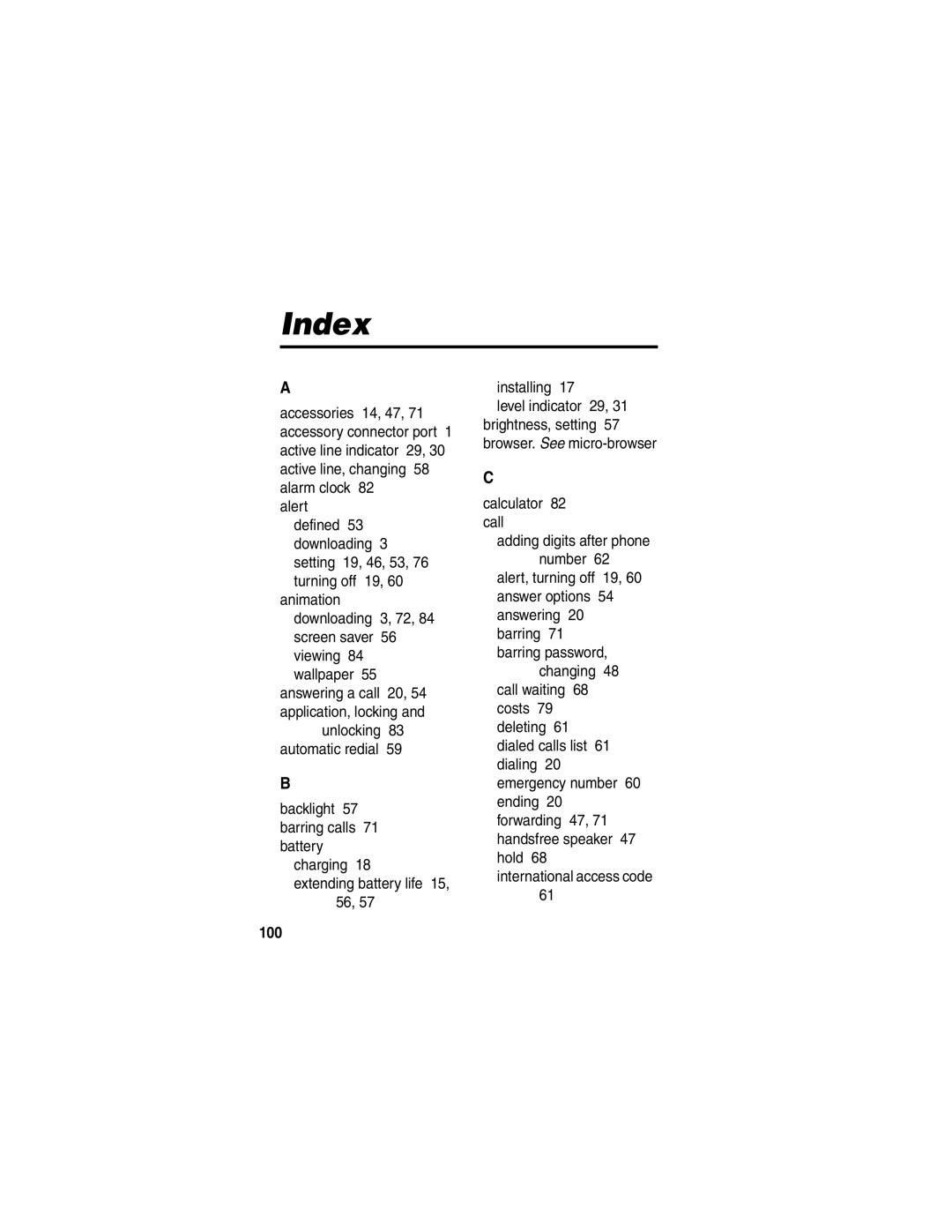 Motorola V400 manual Index, 100 