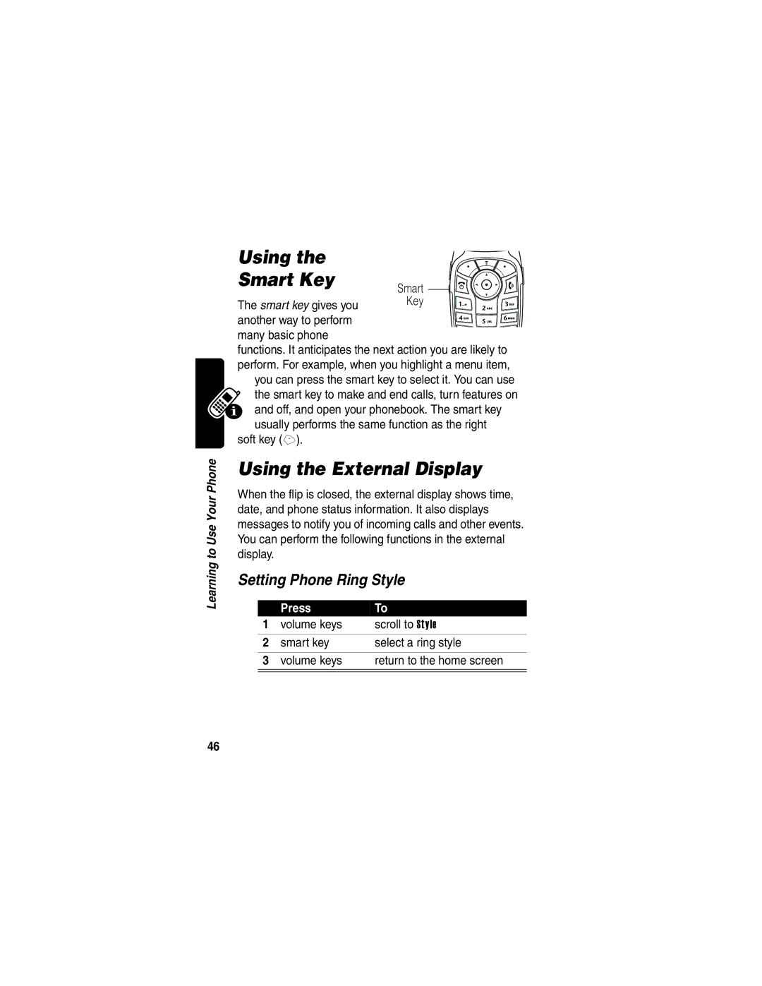 Motorola V400 manual Using Smart Key, Using the External Display, Setting Phone Ring Style, Soft key + 