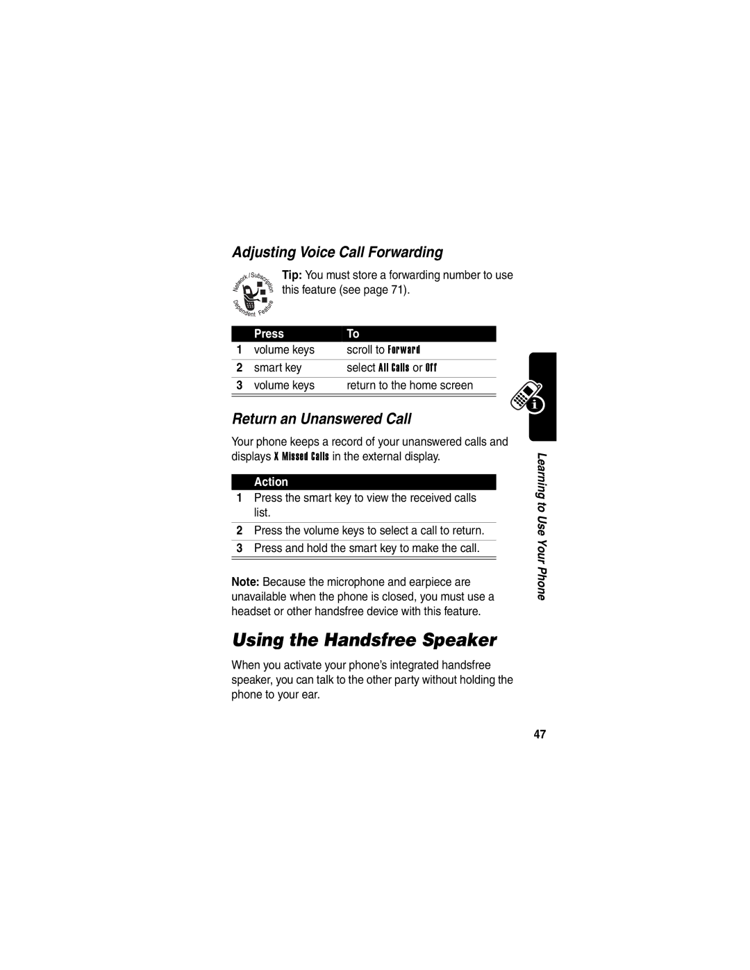 Motorola V400 manual Using the Handsfree Speaker, Adjusting Voice Call Forwarding, Return an Unanswered Call 