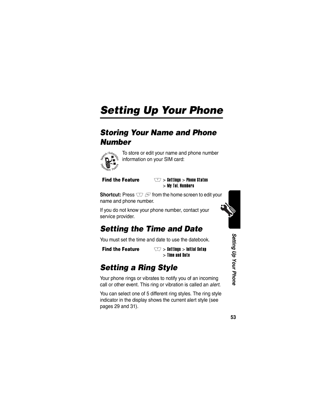 Motorola V400 Setting Up Your Phone, Storing Your Name and Phone Number, Setting the Time and Date, Setting a Ring Style 