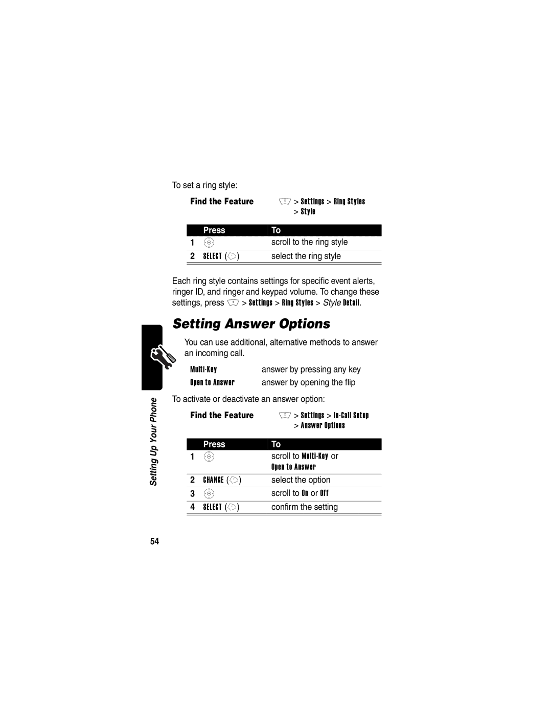 Motorola V400 manual Setting Answer Options 