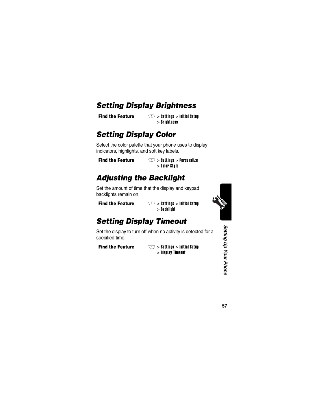 Motorola V400 manual Setting Display Brightness, Setting Display Color, Adjusting the Backlight, Setting Display Timeout 