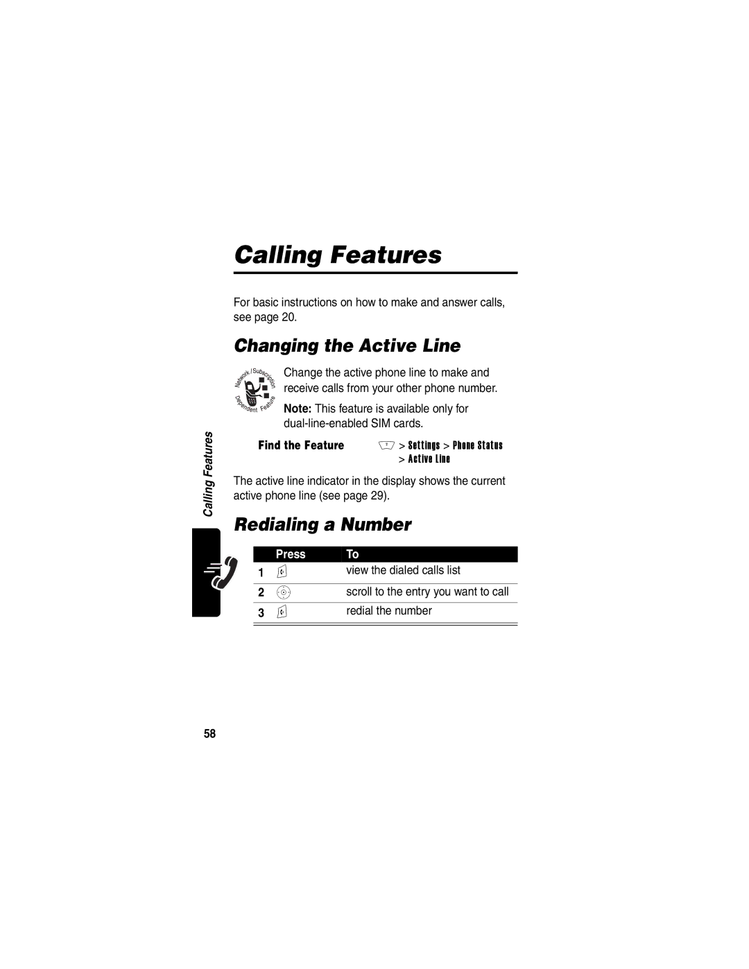 Motorola V400 manual Calling Features, Changing the Active Line, Redialing a Number, View the dialed calls list 