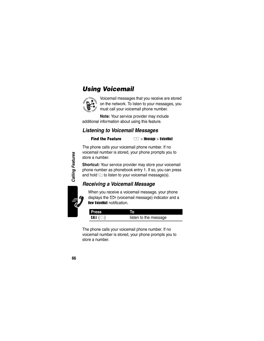 Motorola V400 manual Using Voicemail, Listening to Voicemail Messages, Receiving a Voicemail Message, Listen to the message 