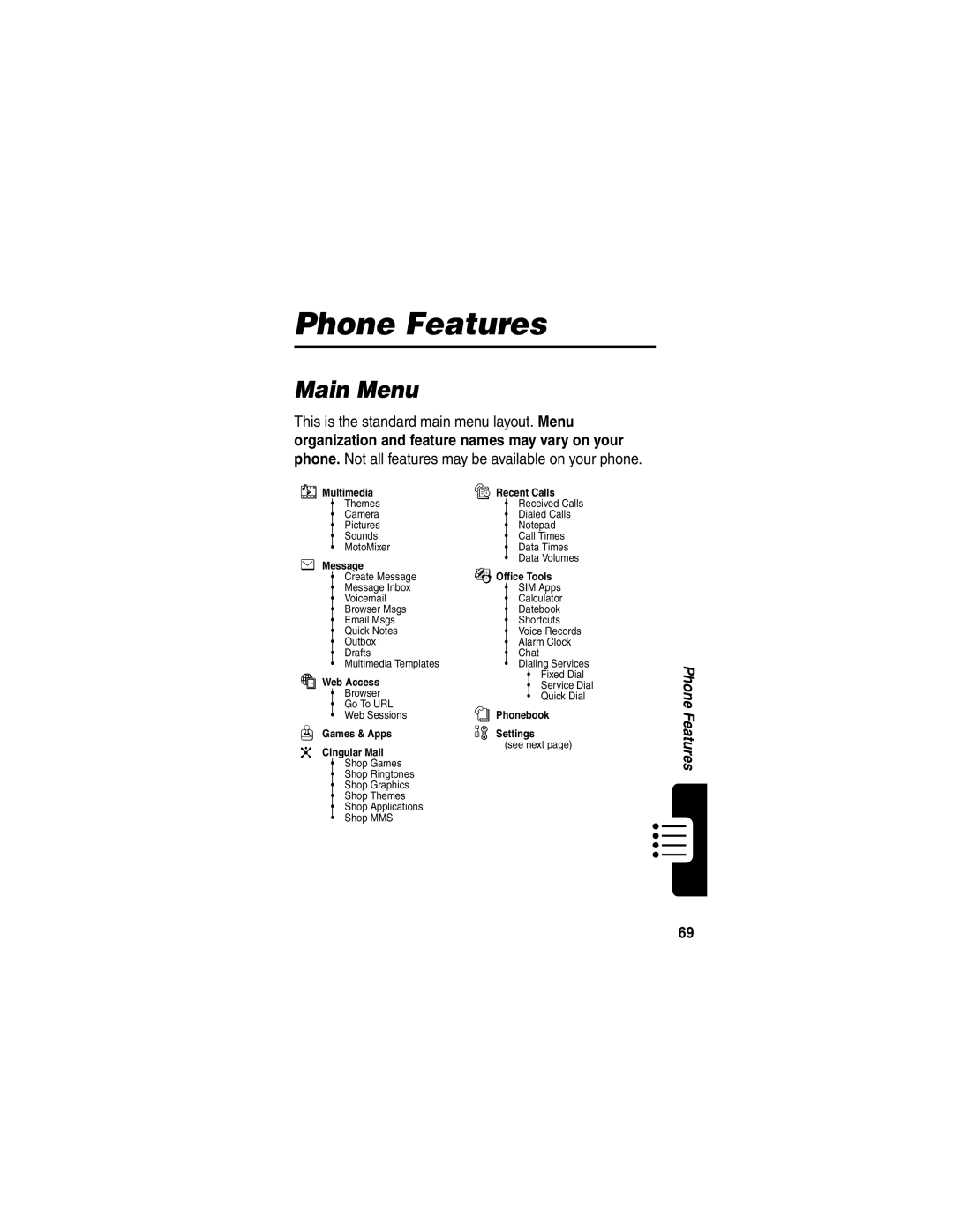 Motorola V400 manual Phone Features, Main Menu 