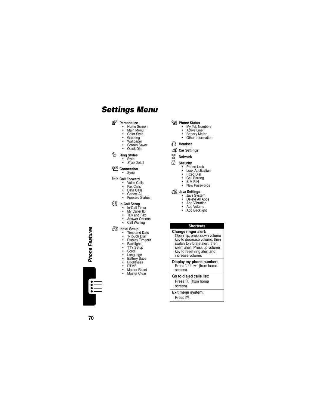 Motorola V400 manual Settings Menu, Initial Setup 