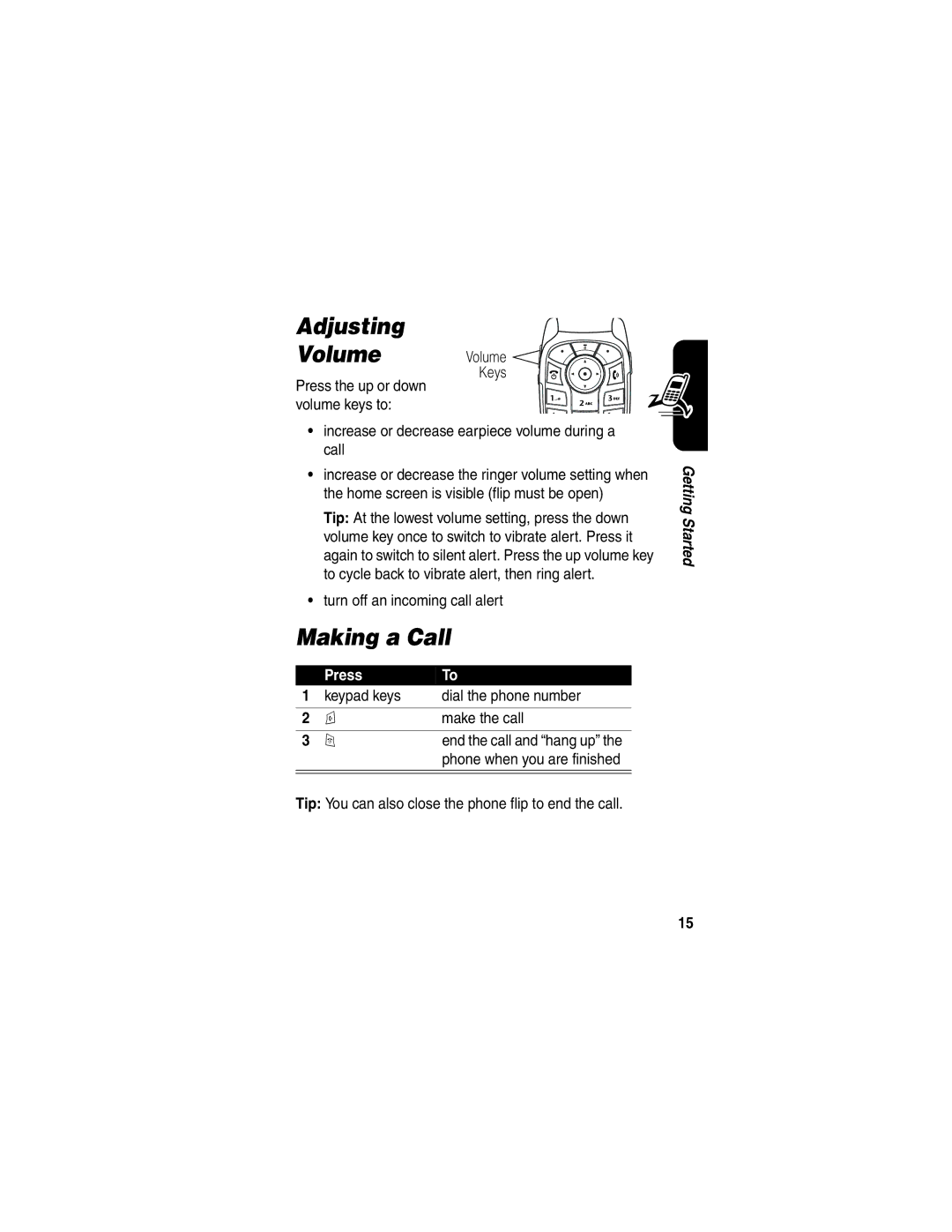 Motorola V505 manual Adjusting Volume, Making a Call, Turn off an incoming call alert 