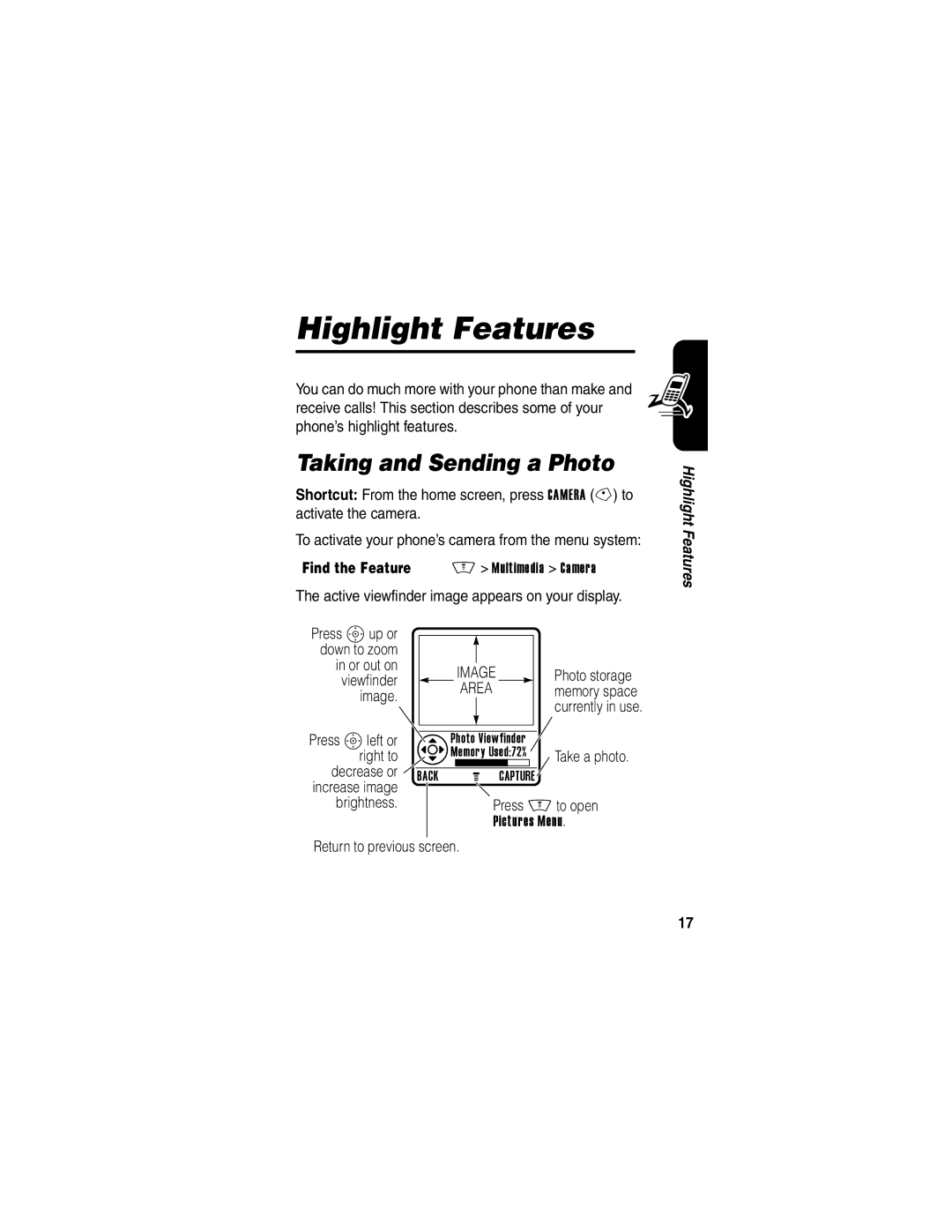 Motorola V505 manual Highlight Features, Taking and Sending a Photo, Find the Feature, Multimedia Camera, Pictures Menu 