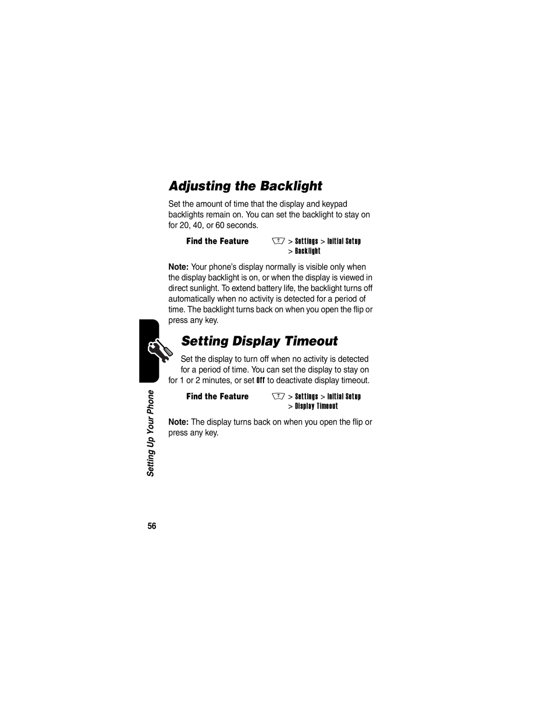 Motorola V505 manual Adjusting the Backlight, Setting Display Timeout, Find the Feature M Settings Initial Setup Backlight 