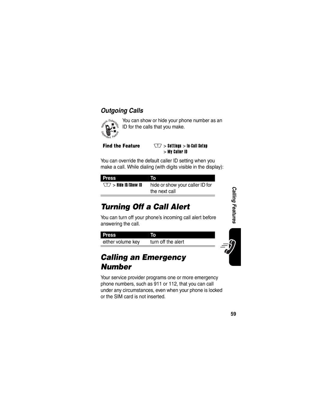 Motorola V505 manual Turning Off a Call Alert, Calling an Emergency Number, Outgoing Calls 