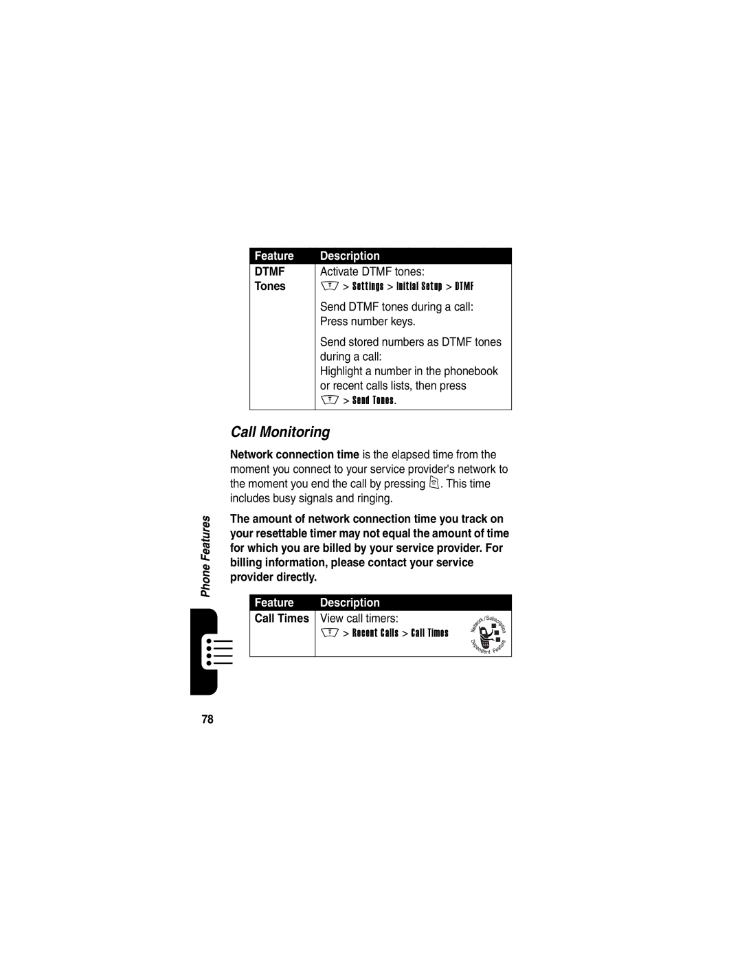 Motorola V505 manual Call Monitoring, Tones, Settings Initial Setup Dtmf, Recent Calls Call Times 