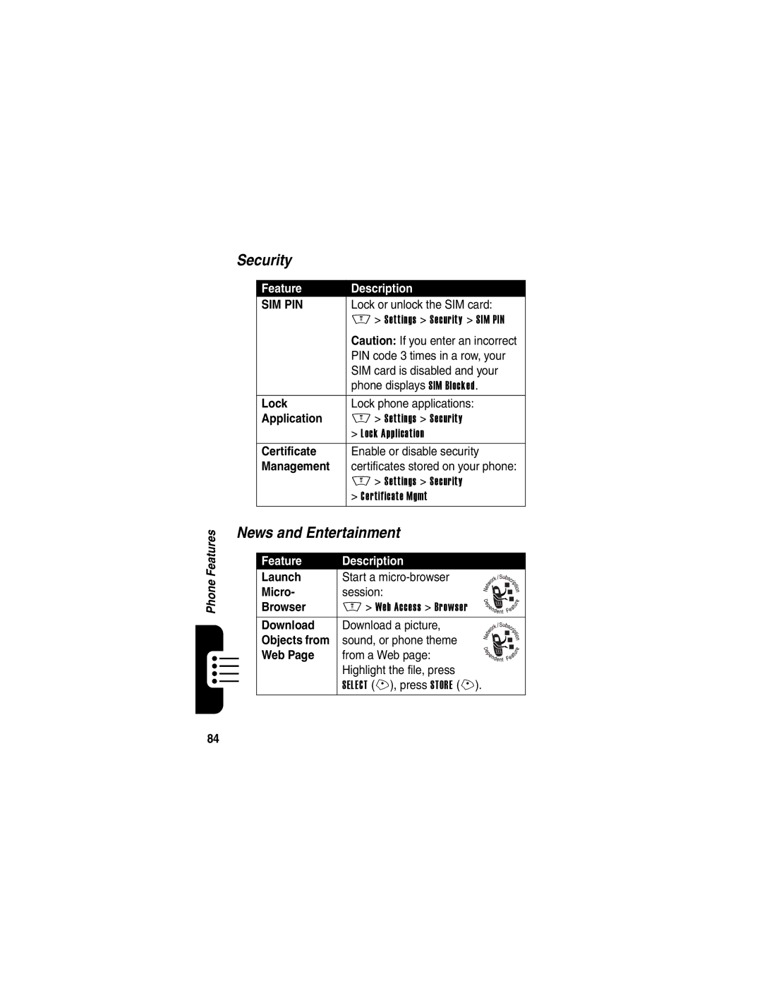 Motorola V505 manual Security, News and Entertainment 