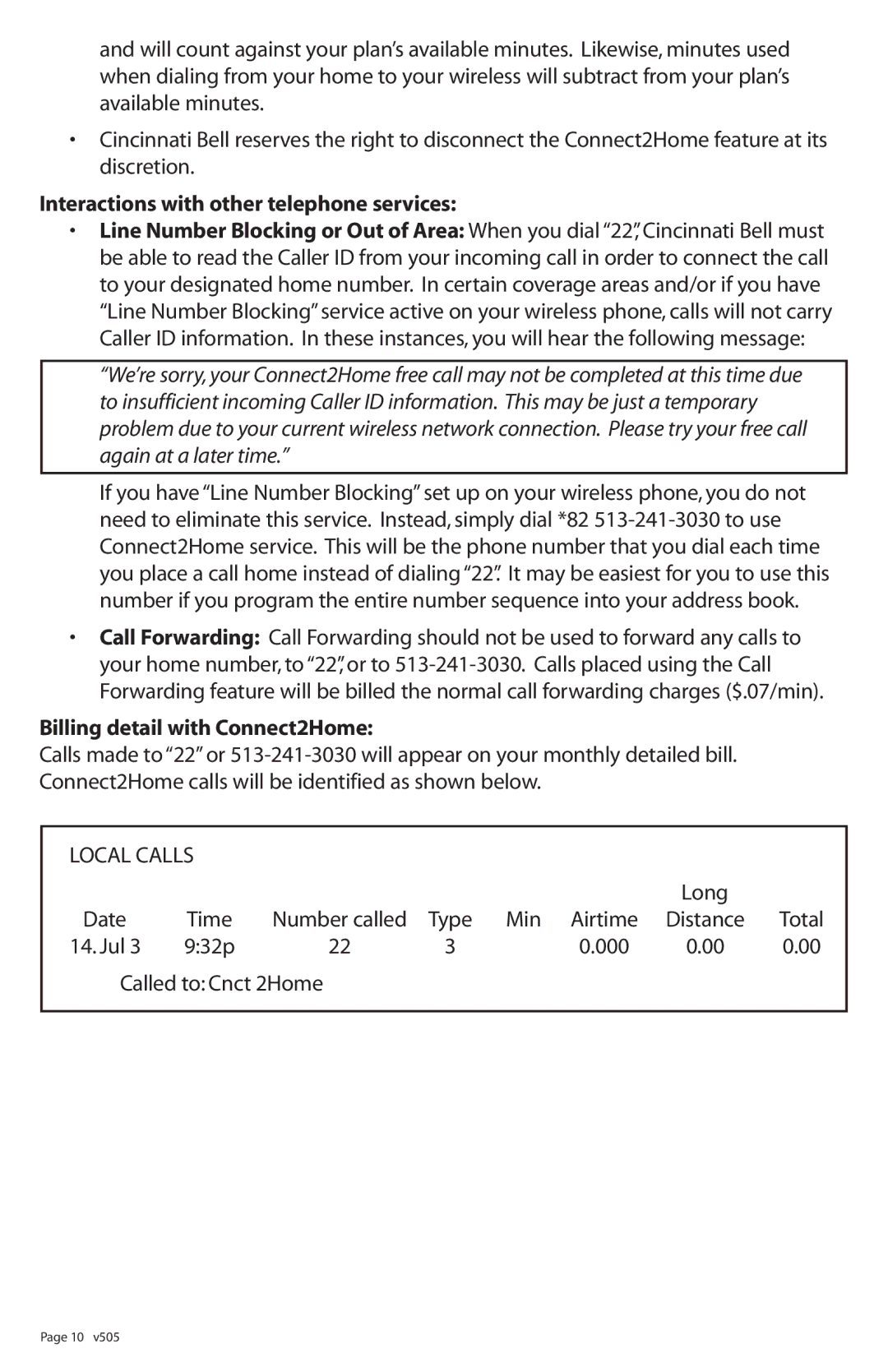 Motorola V505 manual Interactions with other telephone services, Billing detail with Connect2Home 