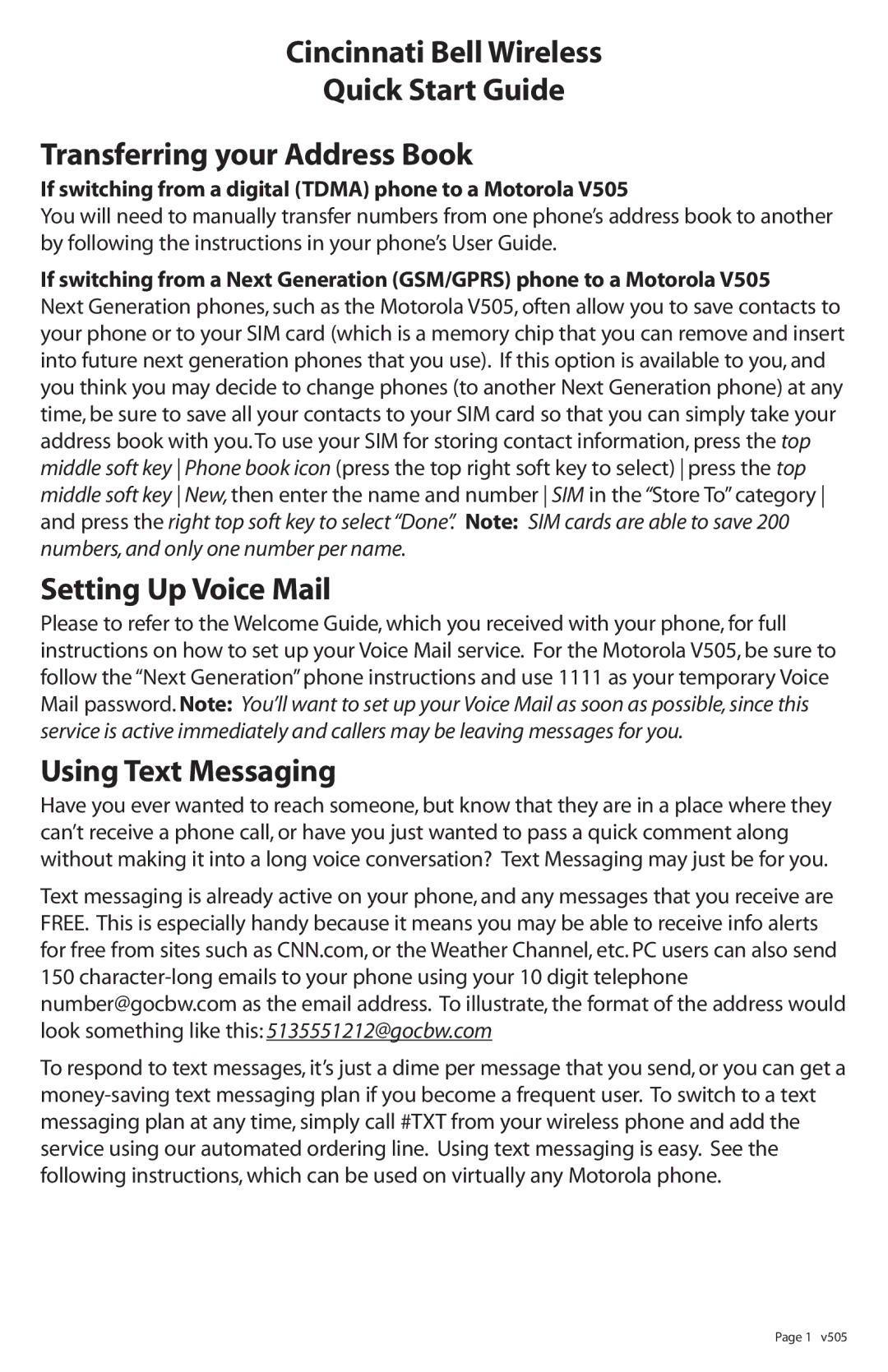 Motorola V505 manual Setting Up Voice Mail, Using Text Messaging, If switching from a digital Tdma phone to a Motorola 