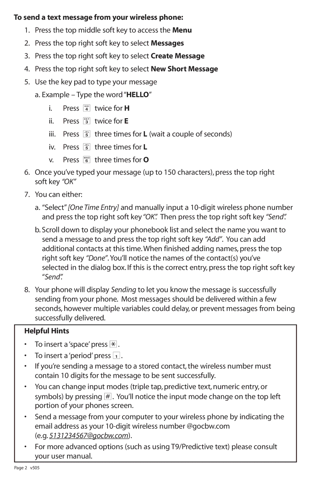 Motorola V505 manual To send a text message from your wireless phone, Helpful Hints 