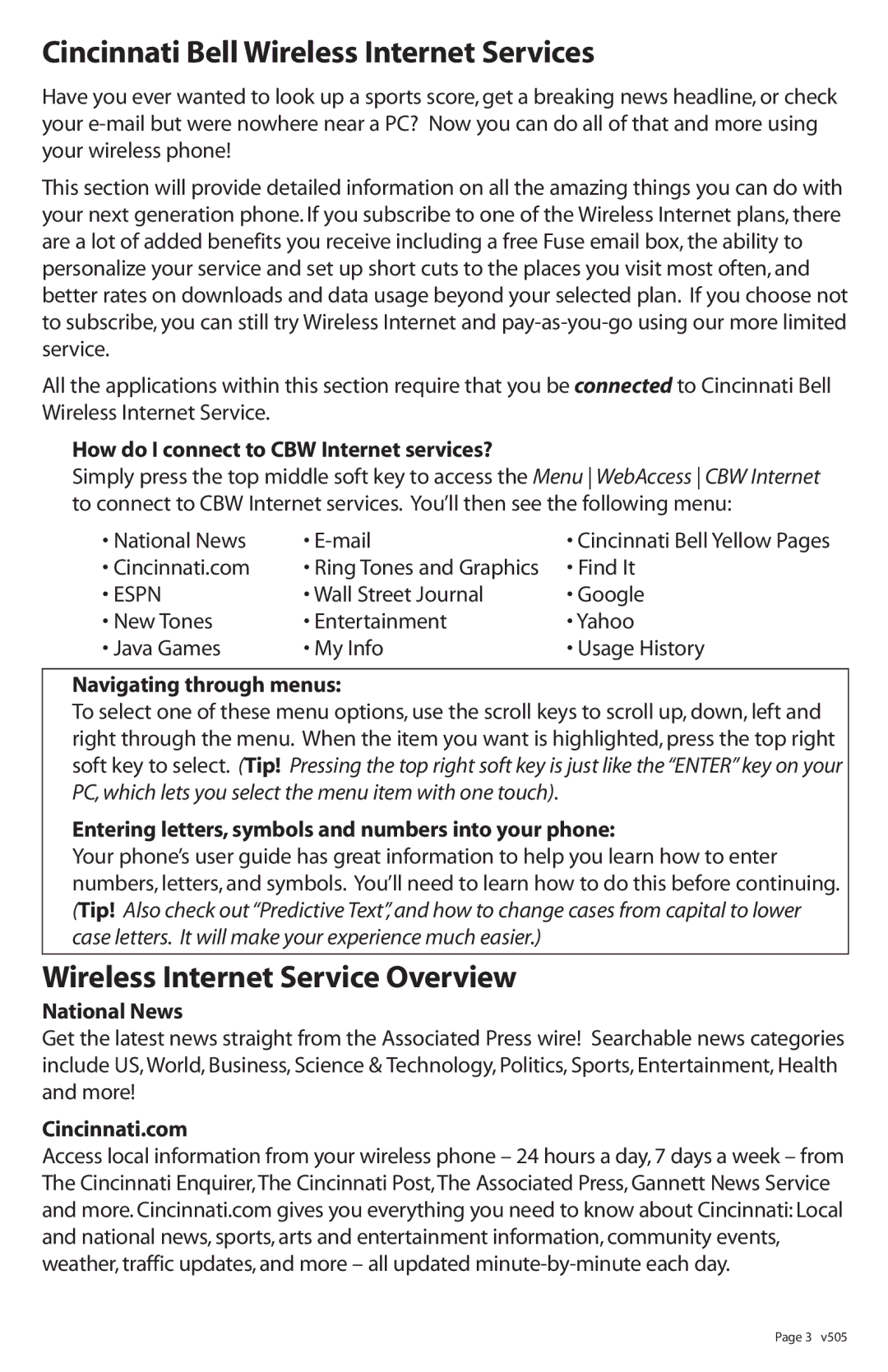 Motorola V505 manual Cincinnati Bell Wireless Internet Services, Wireless Internet Service Overview 