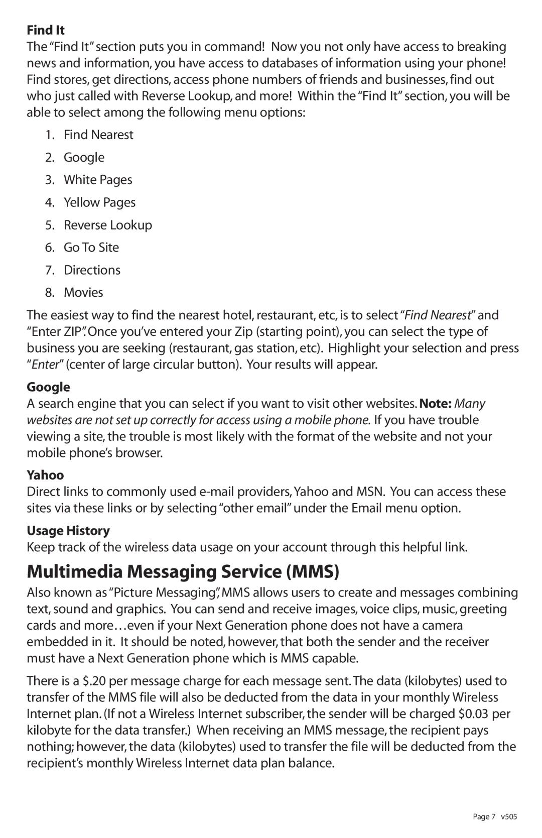 Motorola V505 manual Multimedia Messaging Service MMS, Find It, Google, Yahoo, Usage History 