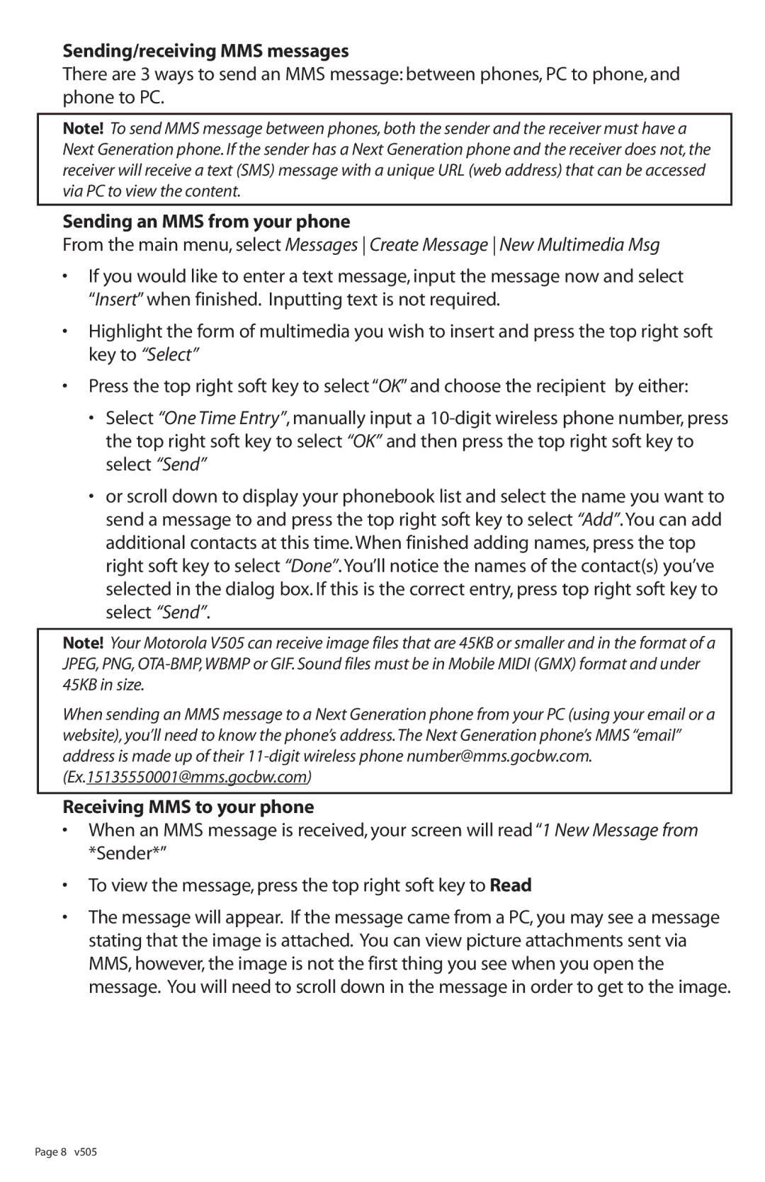 Motorola V505 manual Sending/receiving MMS messages, Sending an MMS from your phone, Receiving MMS to your phone 