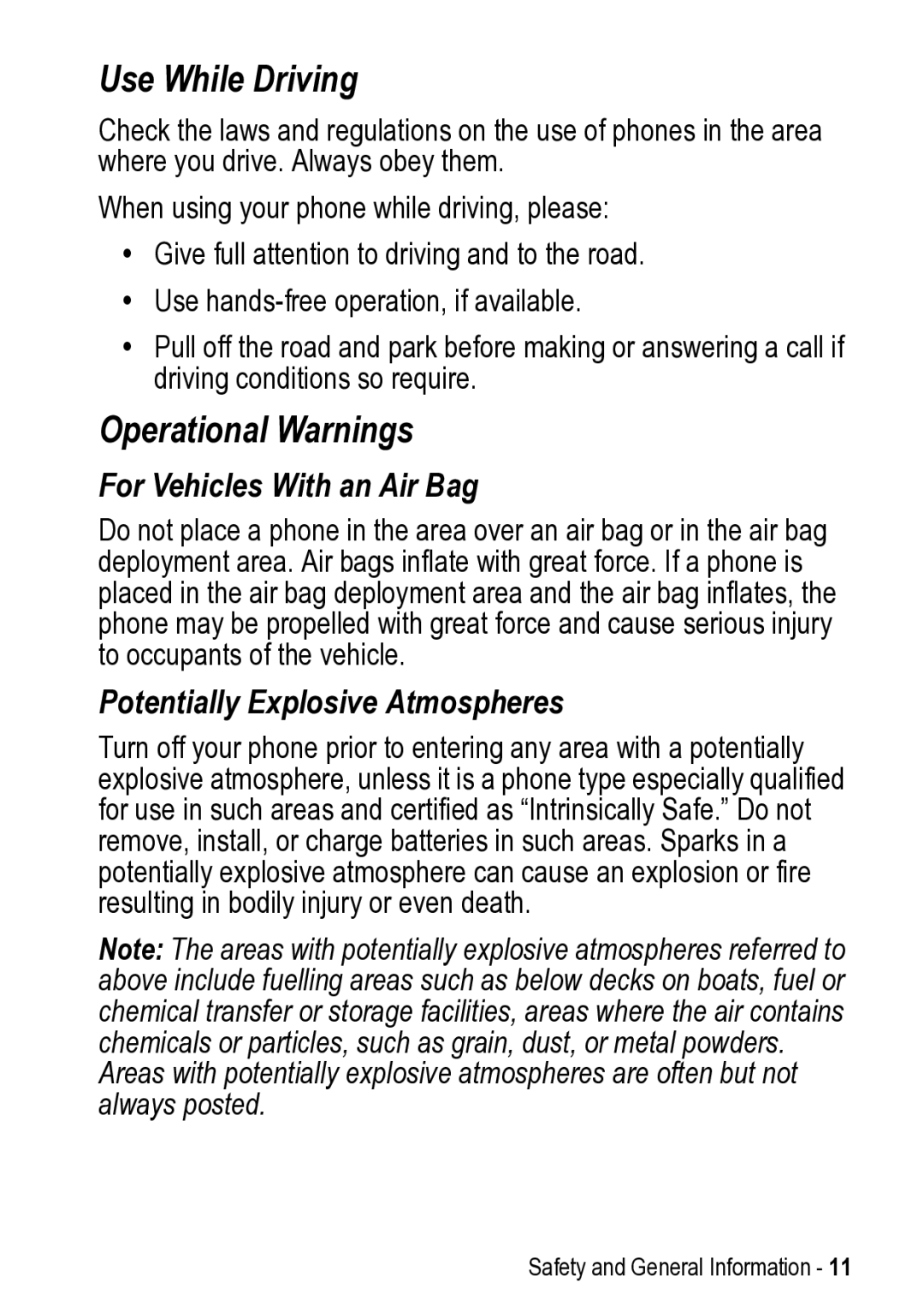 Motorola V525 manual Use While Driving, Operational Warnings 