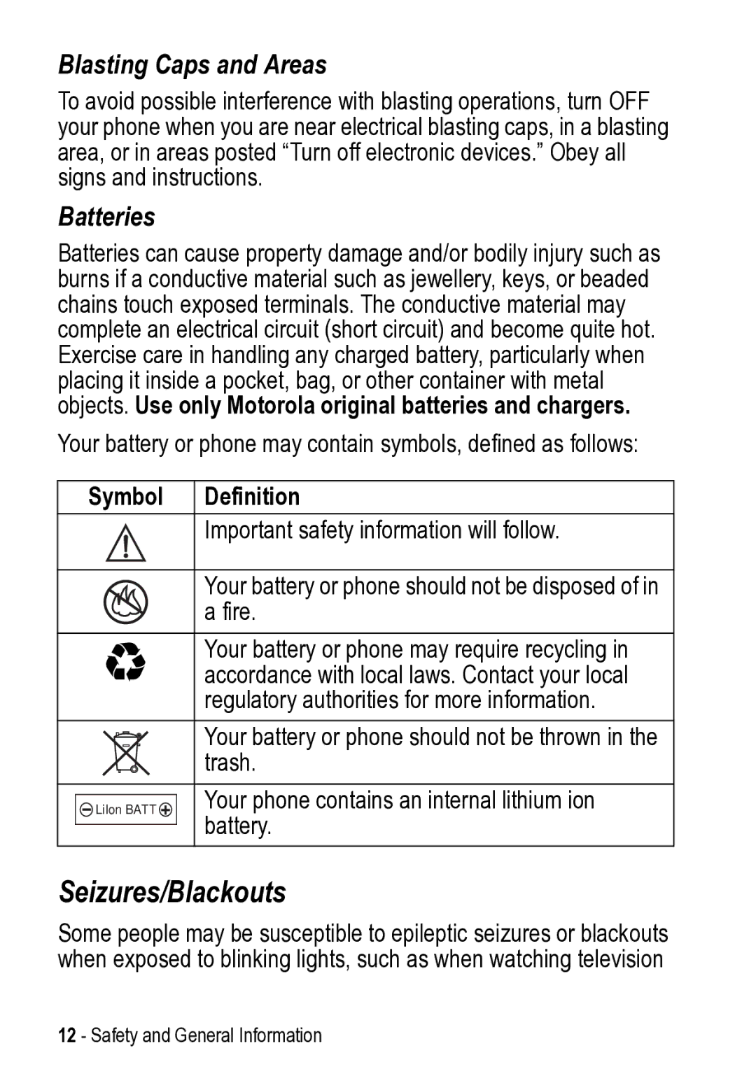 Motorola V525 manual Seizures/Blackouts, Symbol Definition 