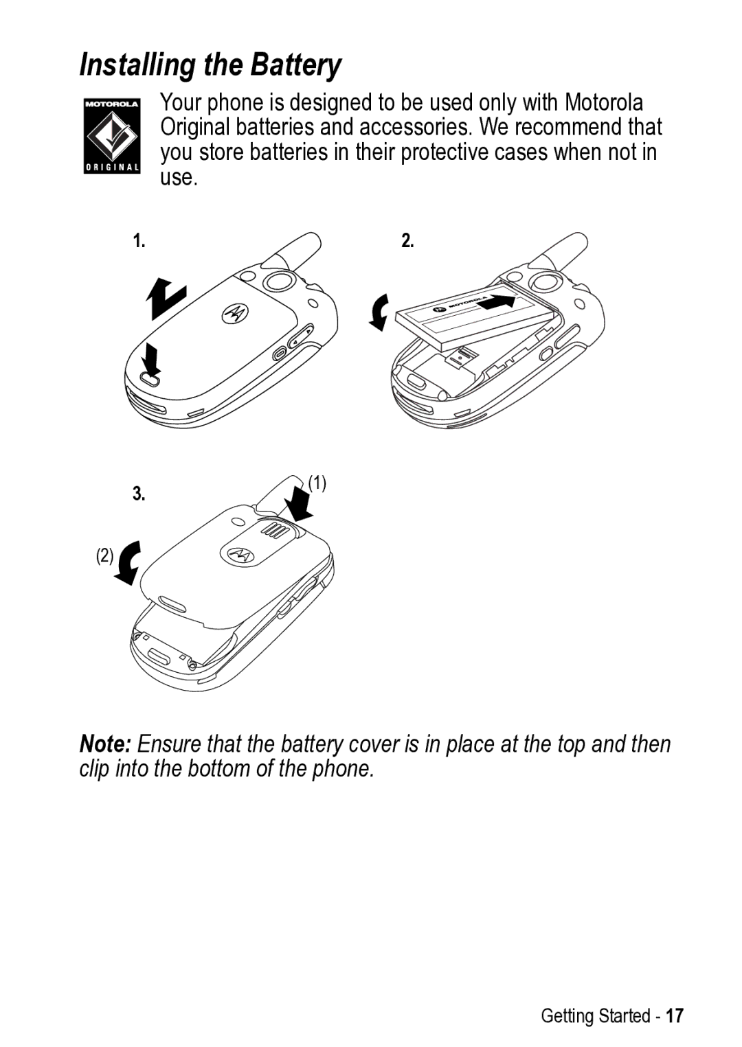 Motorola V525 manual Installing the Battery 