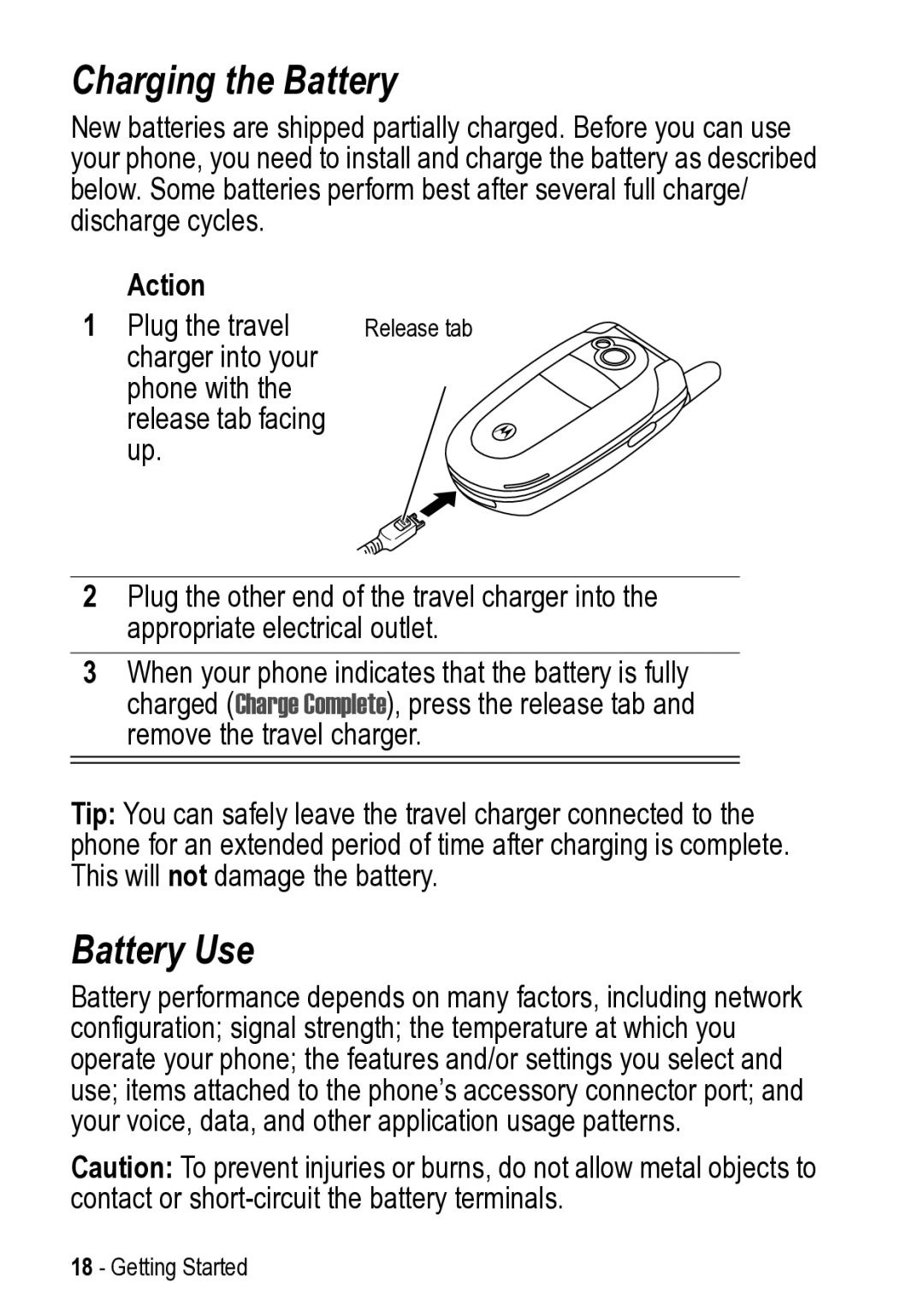 Motorola V525 manual Charging the Battery, Battery Use, Action 