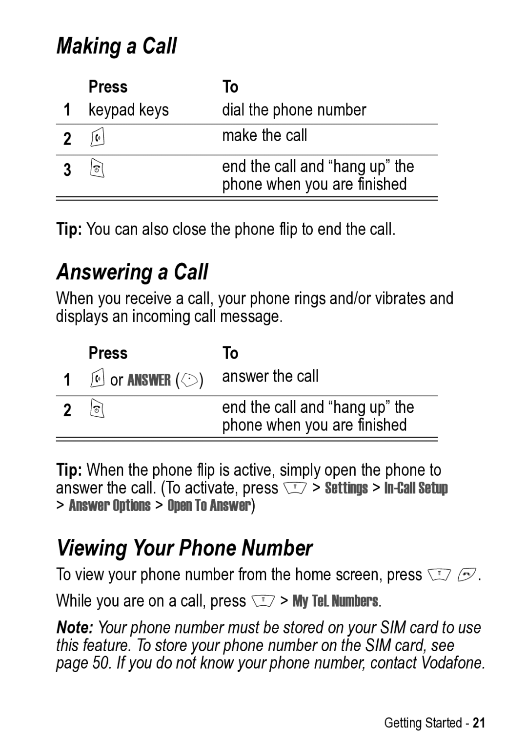 Motorola V525 manual Making a Call, Answering a Call, Viewing Your Phone Number, Press 