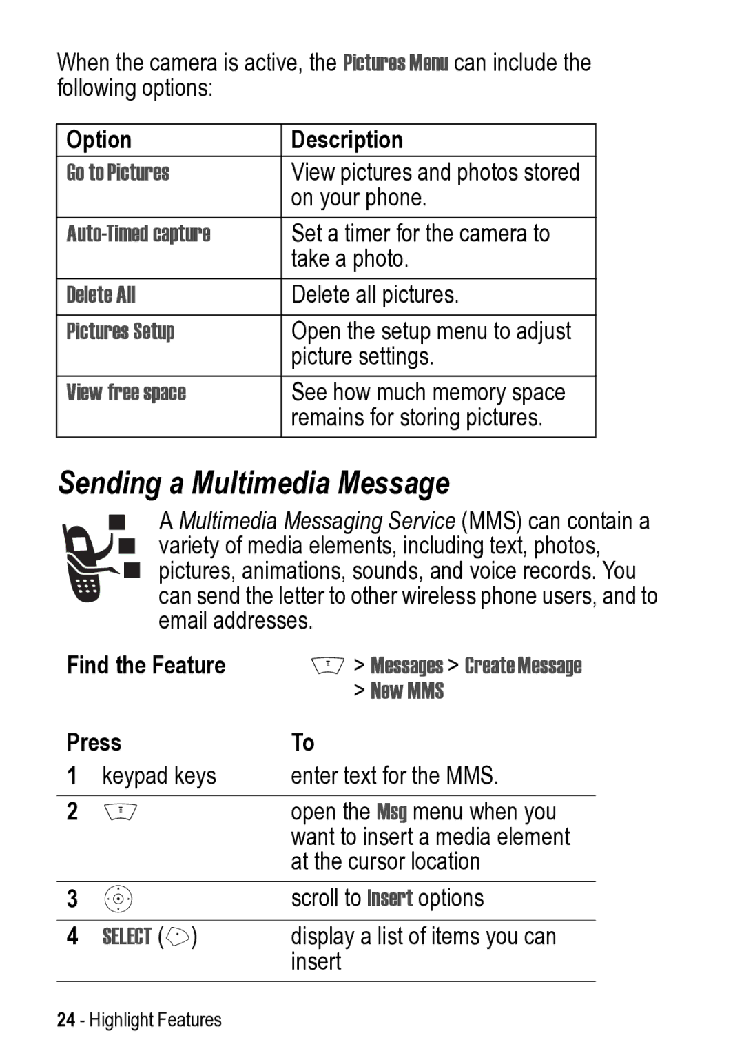 Motorola V525 manual Sending a Multimedia Message, Option Description, Find the Feature 