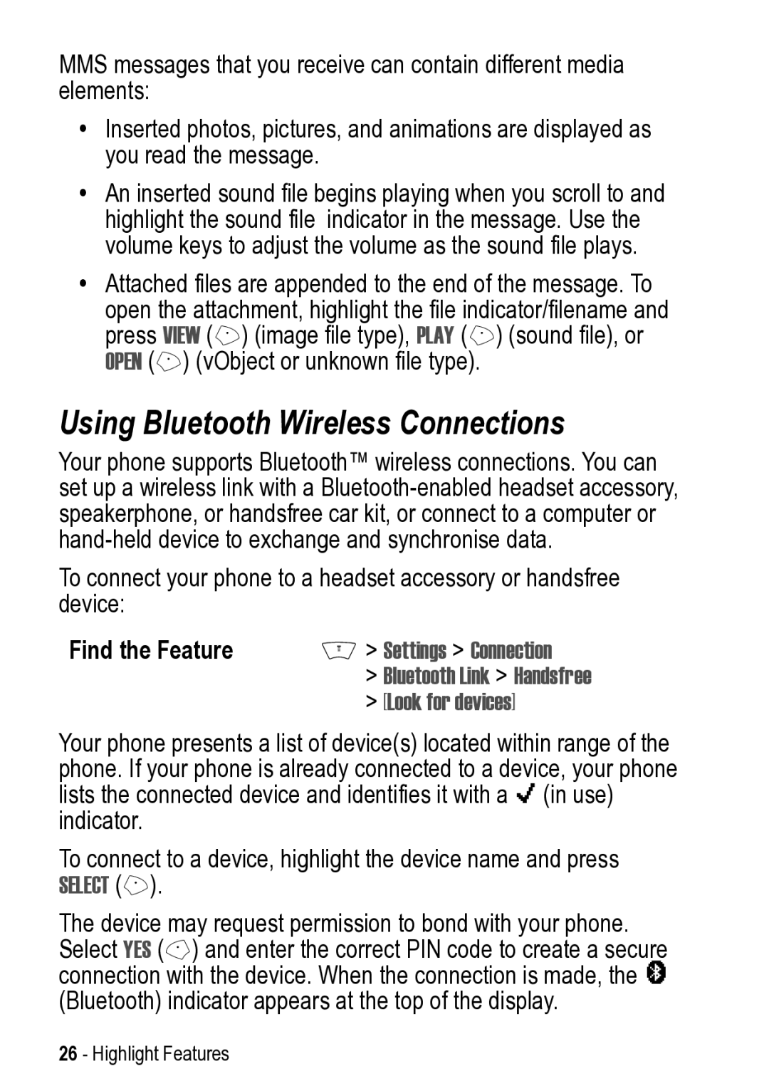 Motorola V525 manual Using Bluetooth Wireless Connections, Settings Connection, Look for devices 