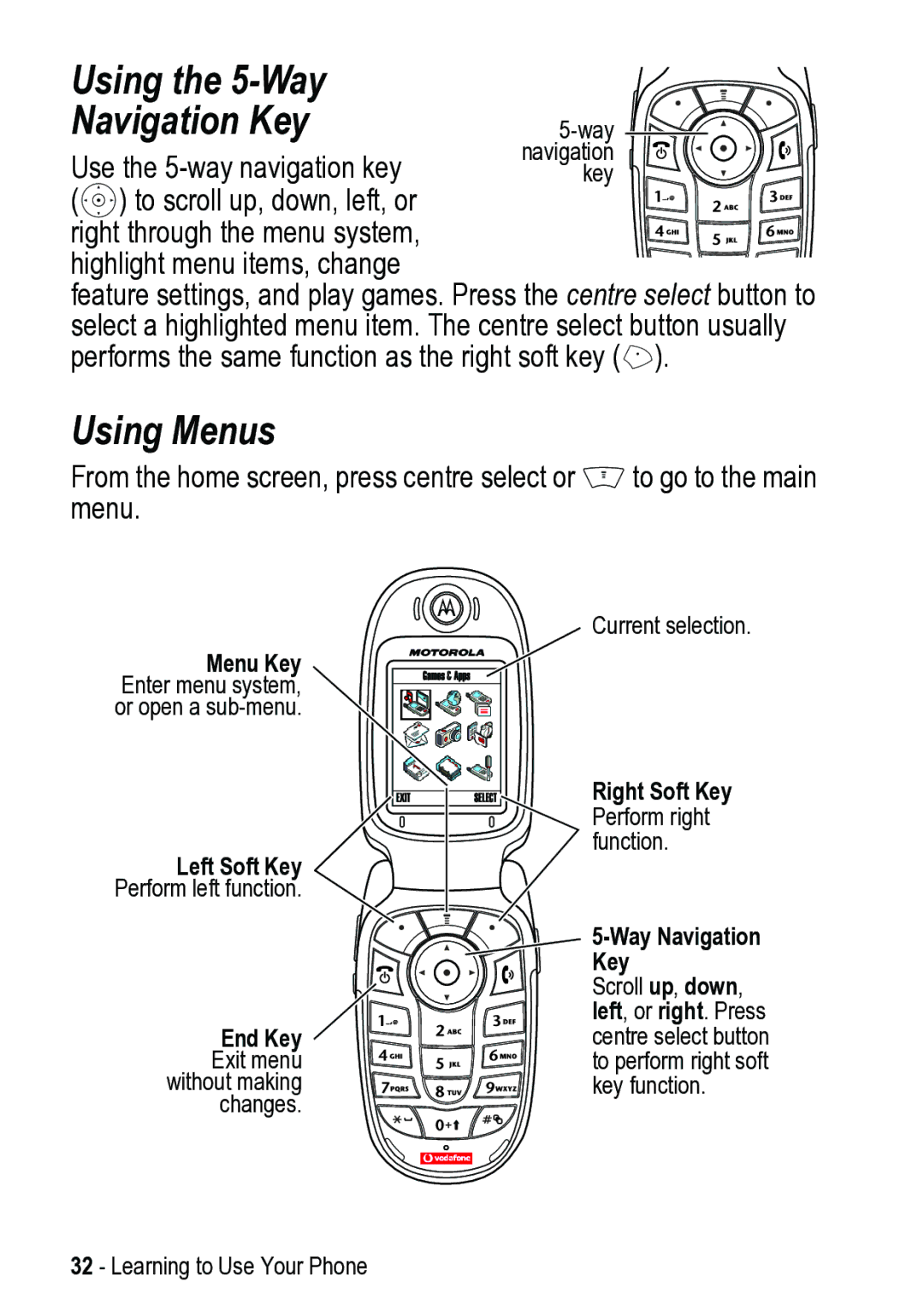 Motorola V525 manual Using the 5-Way Navigation Key, Using Menus 