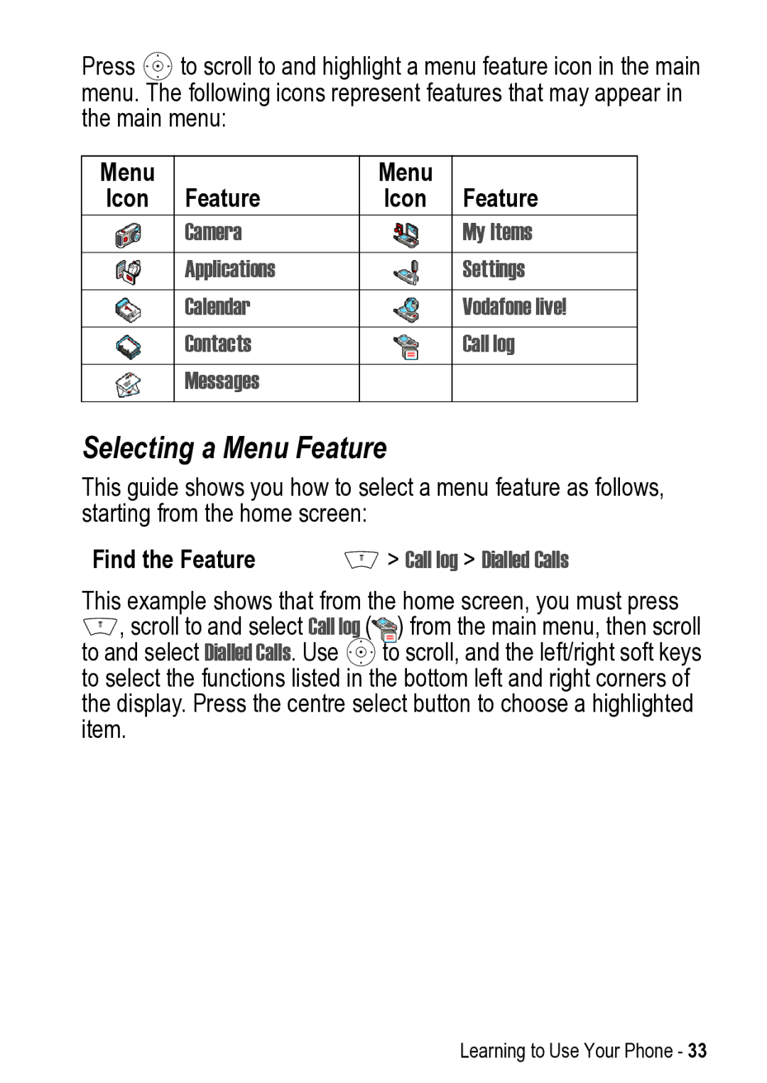 Motorola V525 manual Selecting a Menu Feature, Call log Dialled Calls 