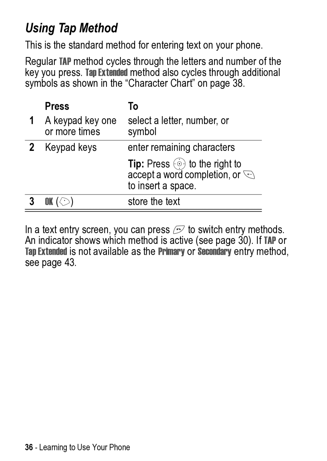 Motorola V525 manual Using Tap Method, Press 