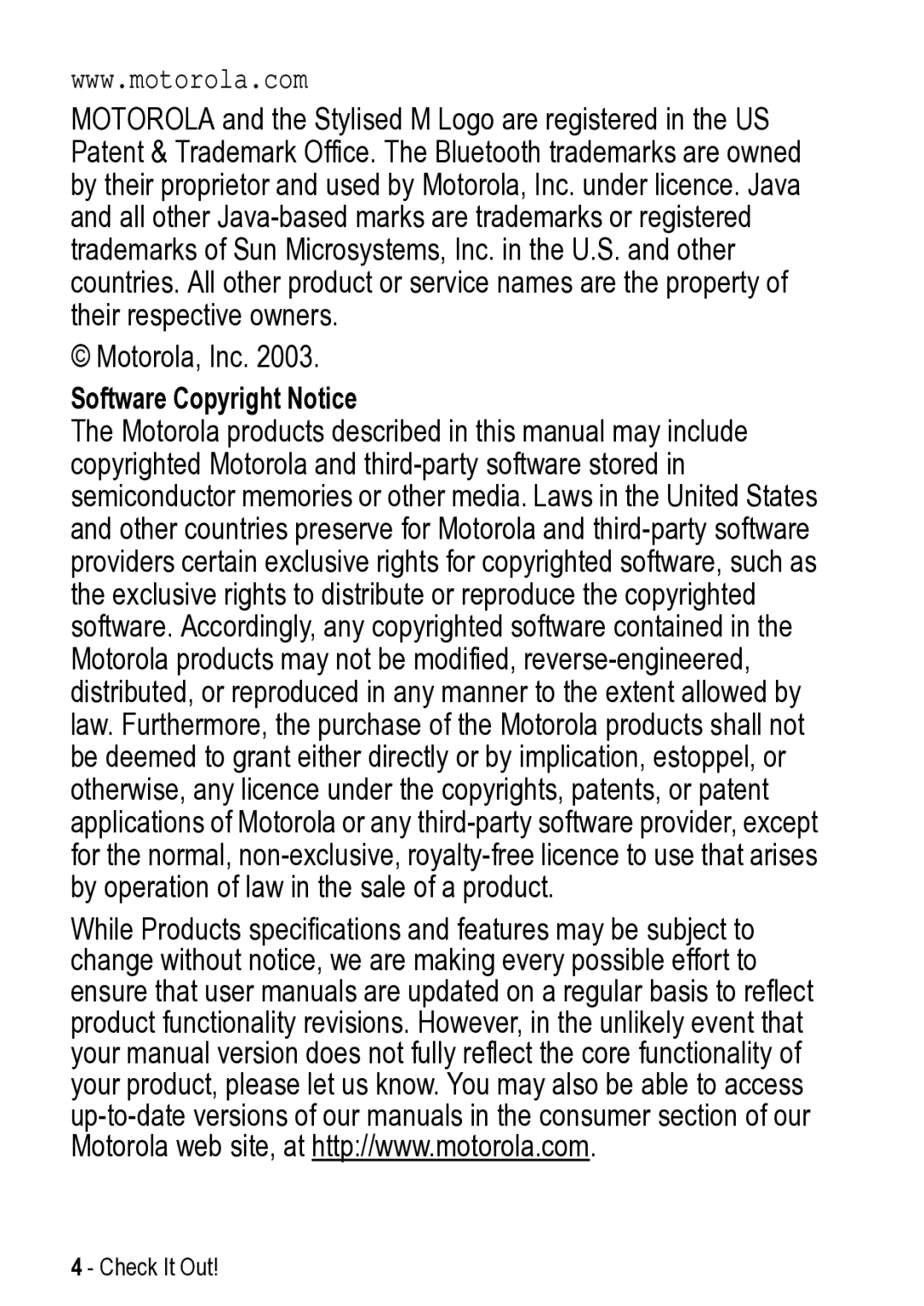 Motorola V525 manual Software Copyright Notice 