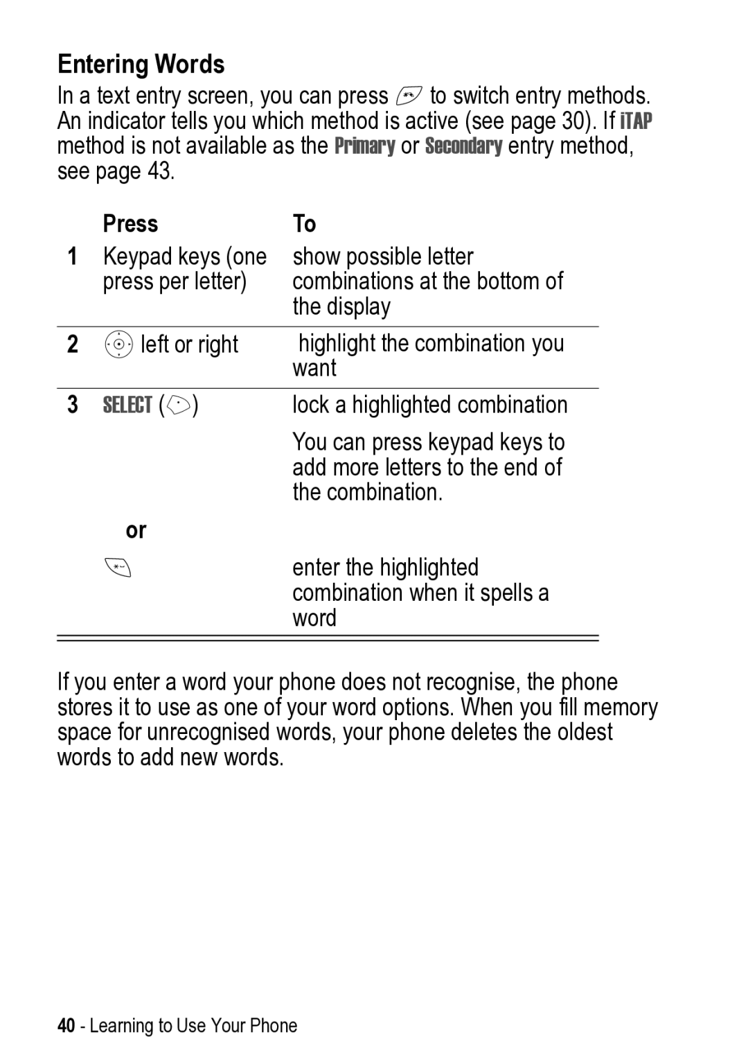 Motorola V525 manual Entering Words 