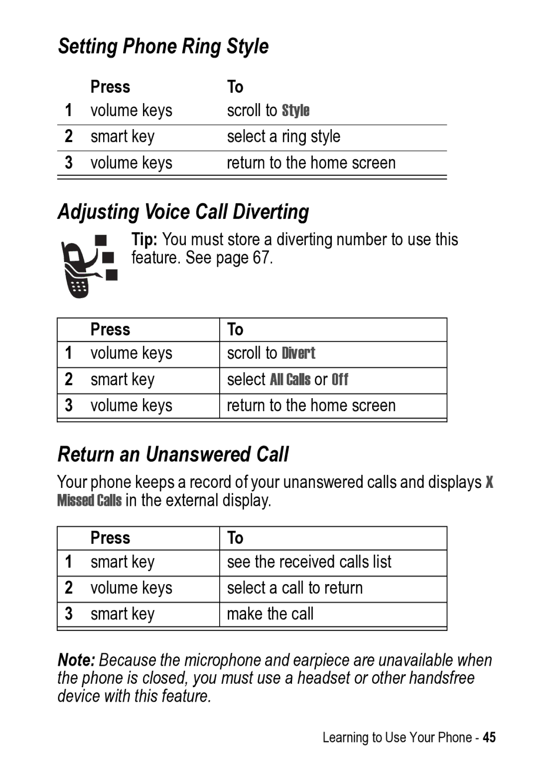 Motorola V525 Setting Phone Ring Style, Adjusting Voice Call Diverting, Return an Unanswered Call, Select All Calls or Off 