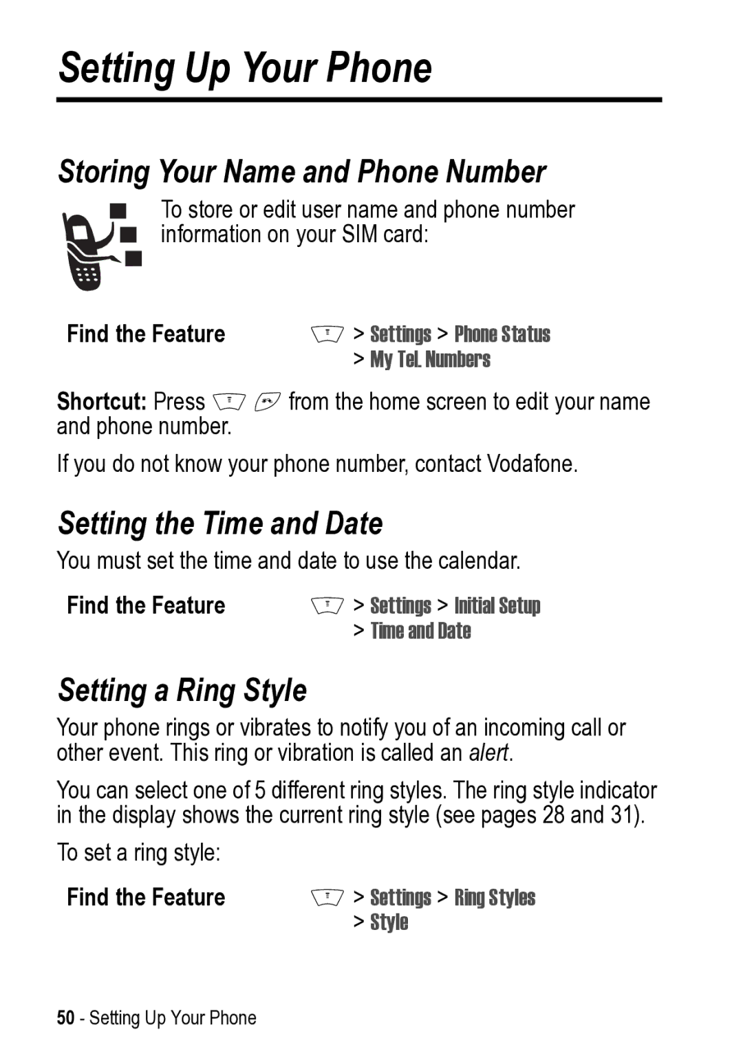 Motorola V525 Setting Up Your Phone, Storing Your Name and Phone Number, Setting the Time and Date, Setting a Ring Style 