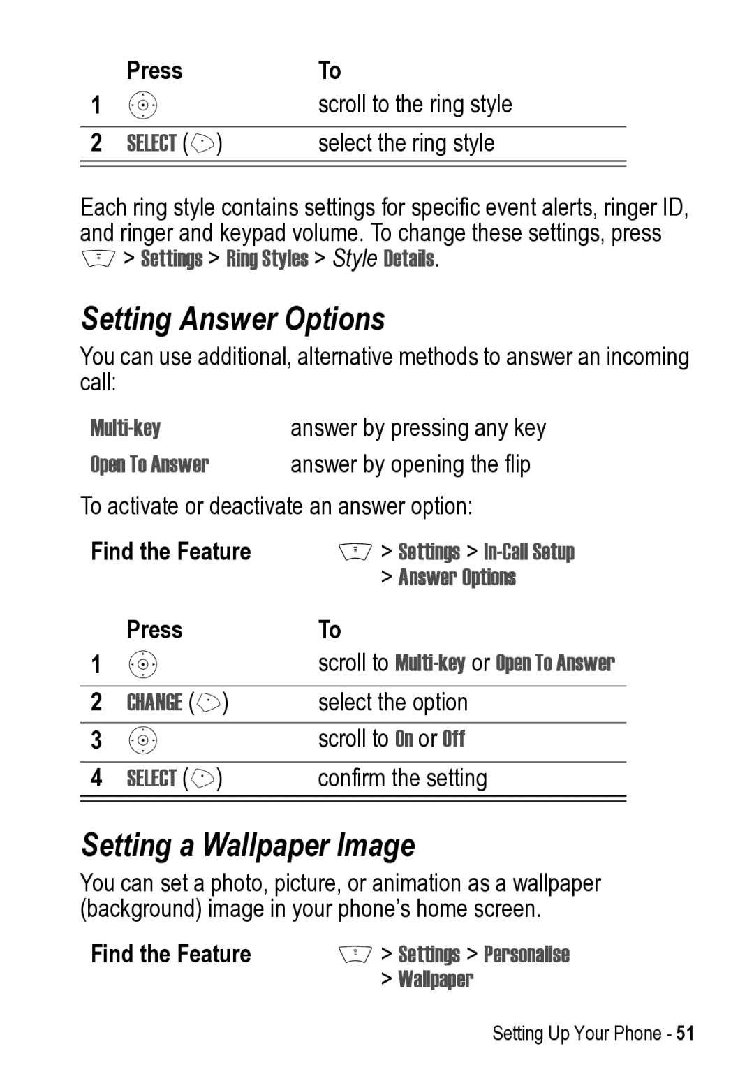 Motorola V525 Setting Answer Options, Setting a Wallpaper Image, Press Scroll to the ring style, Select the ring style 