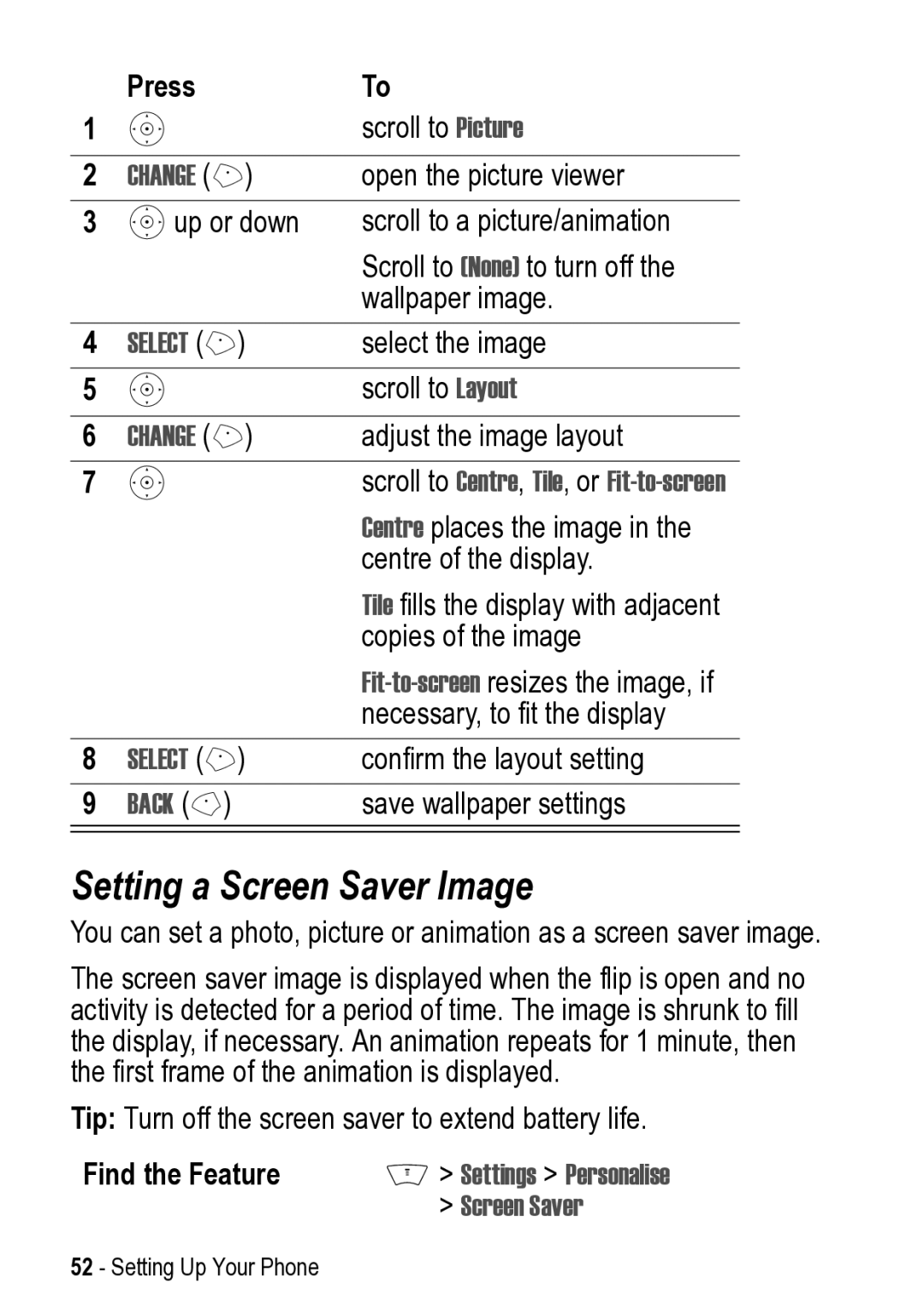 Motorola V525 manual Setting a Screen Saver Image, Scroll to Centre, Tile, or Fit-to-screen, Back 