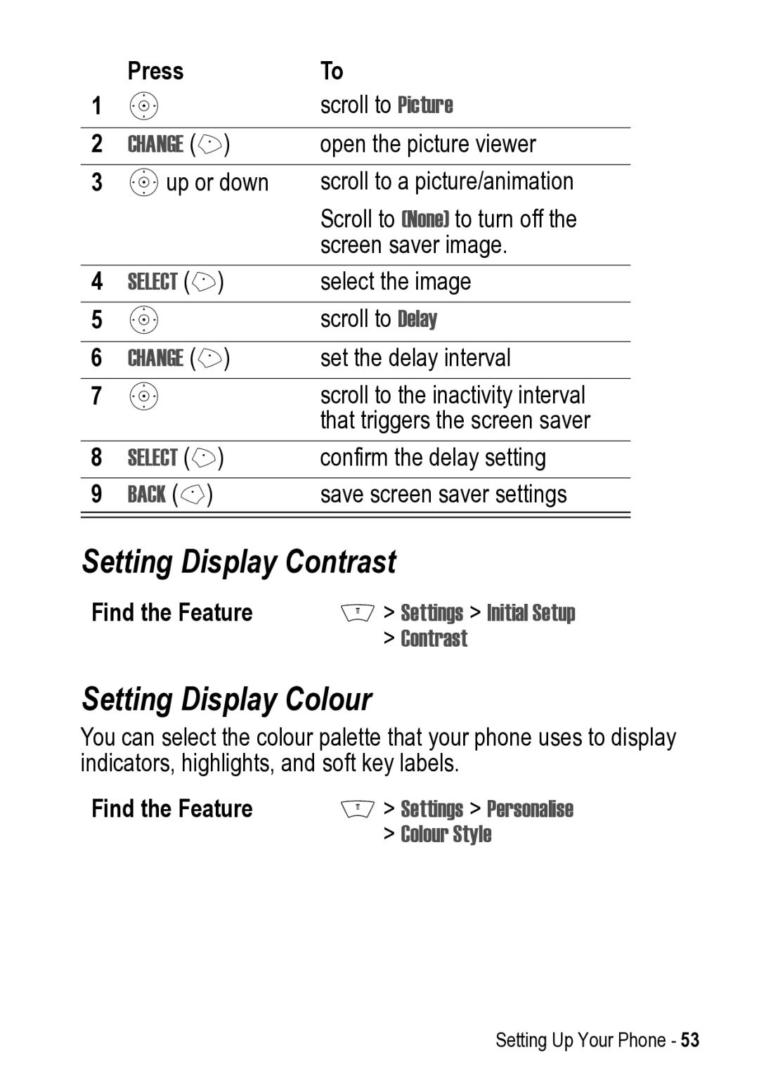 Motorola V525 manual Setting Display Contrast, Setting Display Colour, Colour Style 