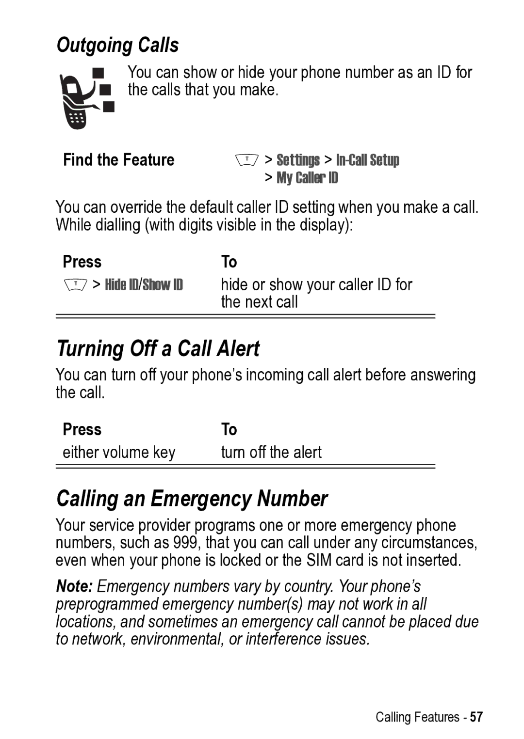 Motorola V525 manual Turning Off a Call Alert, Calling an Emergency Number, Outgoing Calls, PressTo 