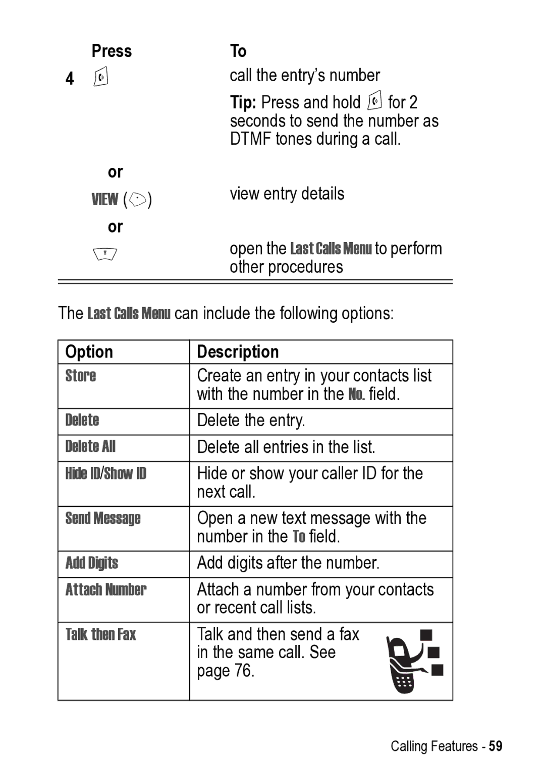 Motorola V525 View +, Open the Last Calls Menu to perform other procedures, Store, Delete, Hide ID/Show ID, Send Message 