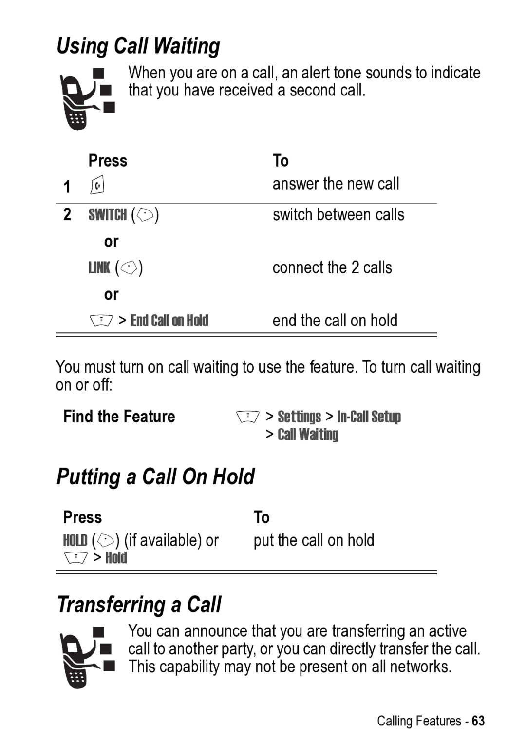 Motorola V525 manual Using Call Waiting, Putting a Call On Hold, Transferring a Call 