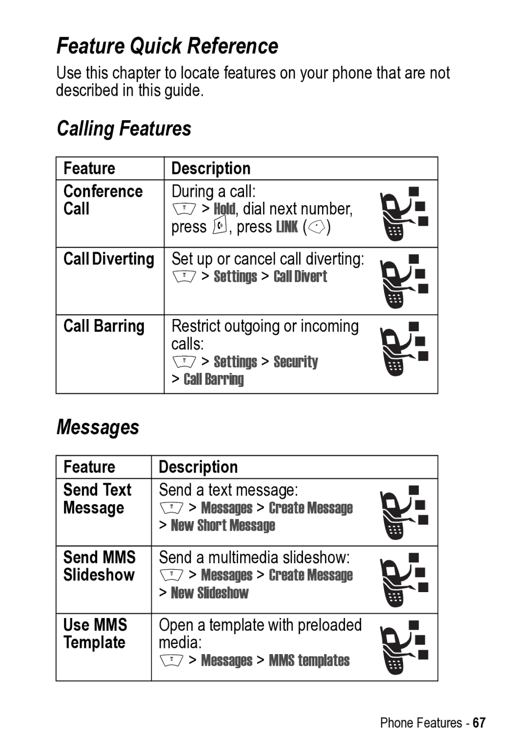 Motorola V525 manual Feature Quick Reference, Calling Features, Messages 